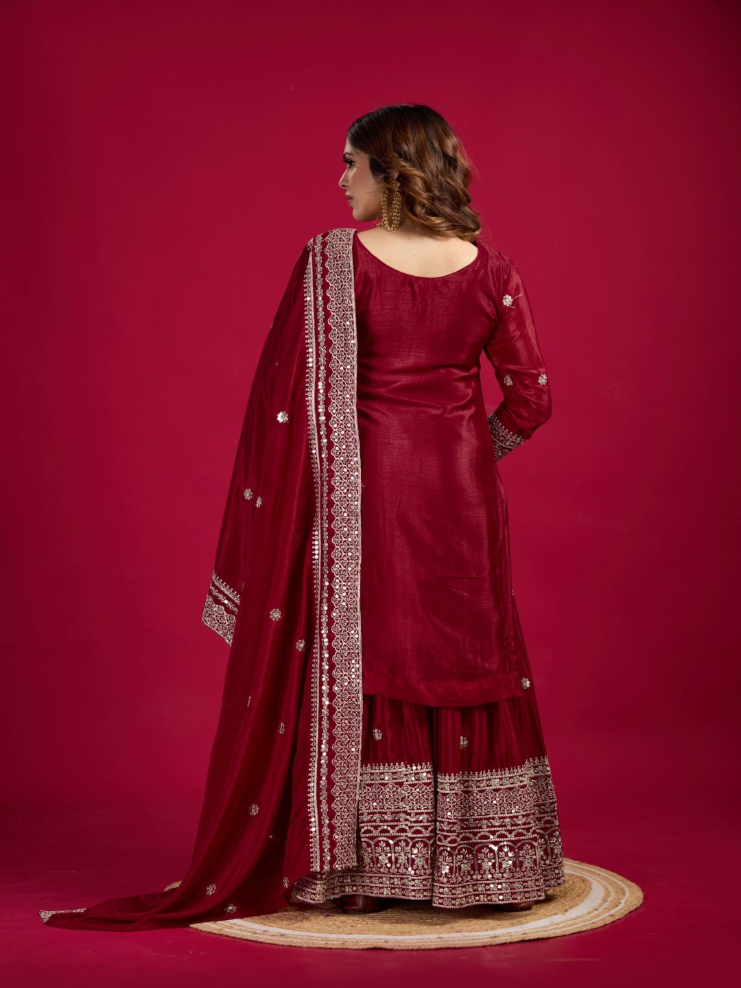 Floral Embroidered Sequinned Straight Kurta With Palazzos & Dupatta