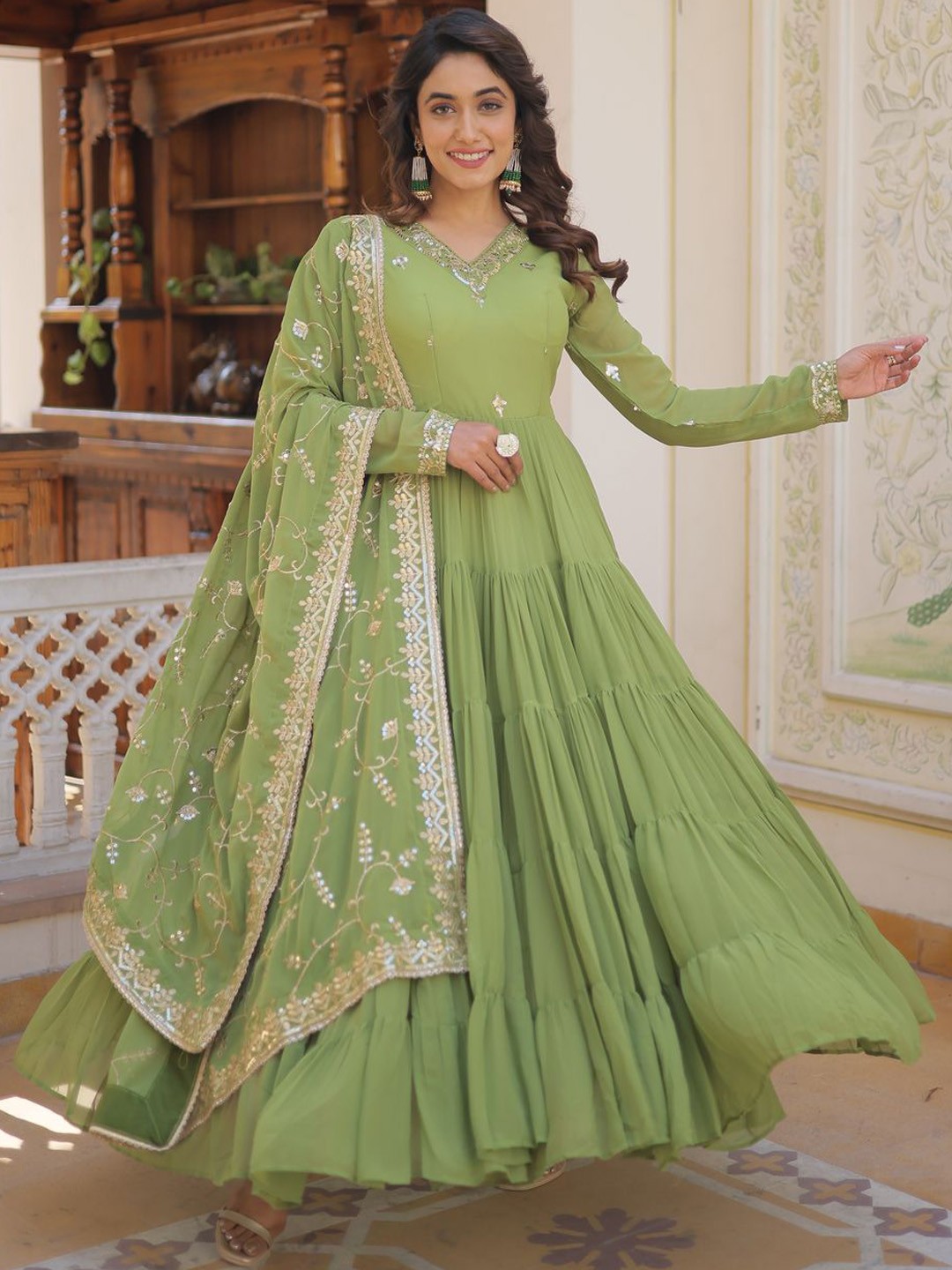 Floral Embroidered Tiered Maxi Anarkali