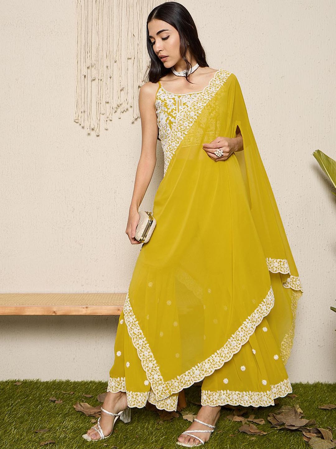 Floral Embroidered Shoulder Straps Top with Sharara & Dupatta