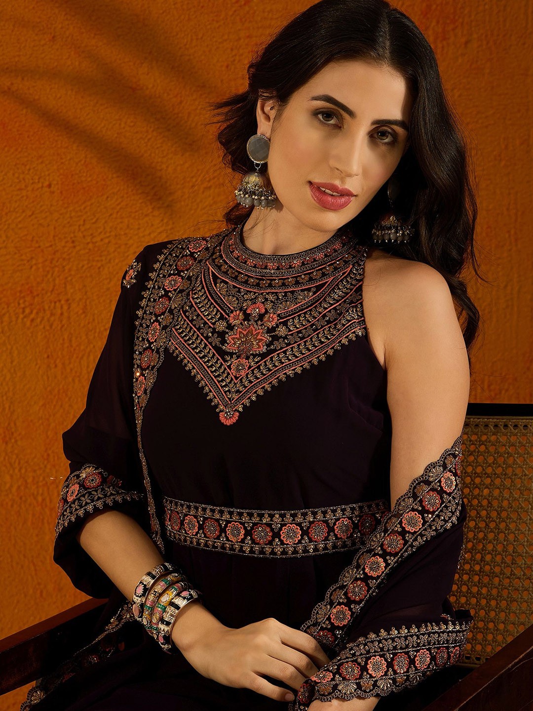 Embroidered Anarkali Beads And Stones Kurta with Trousers & Dupatta