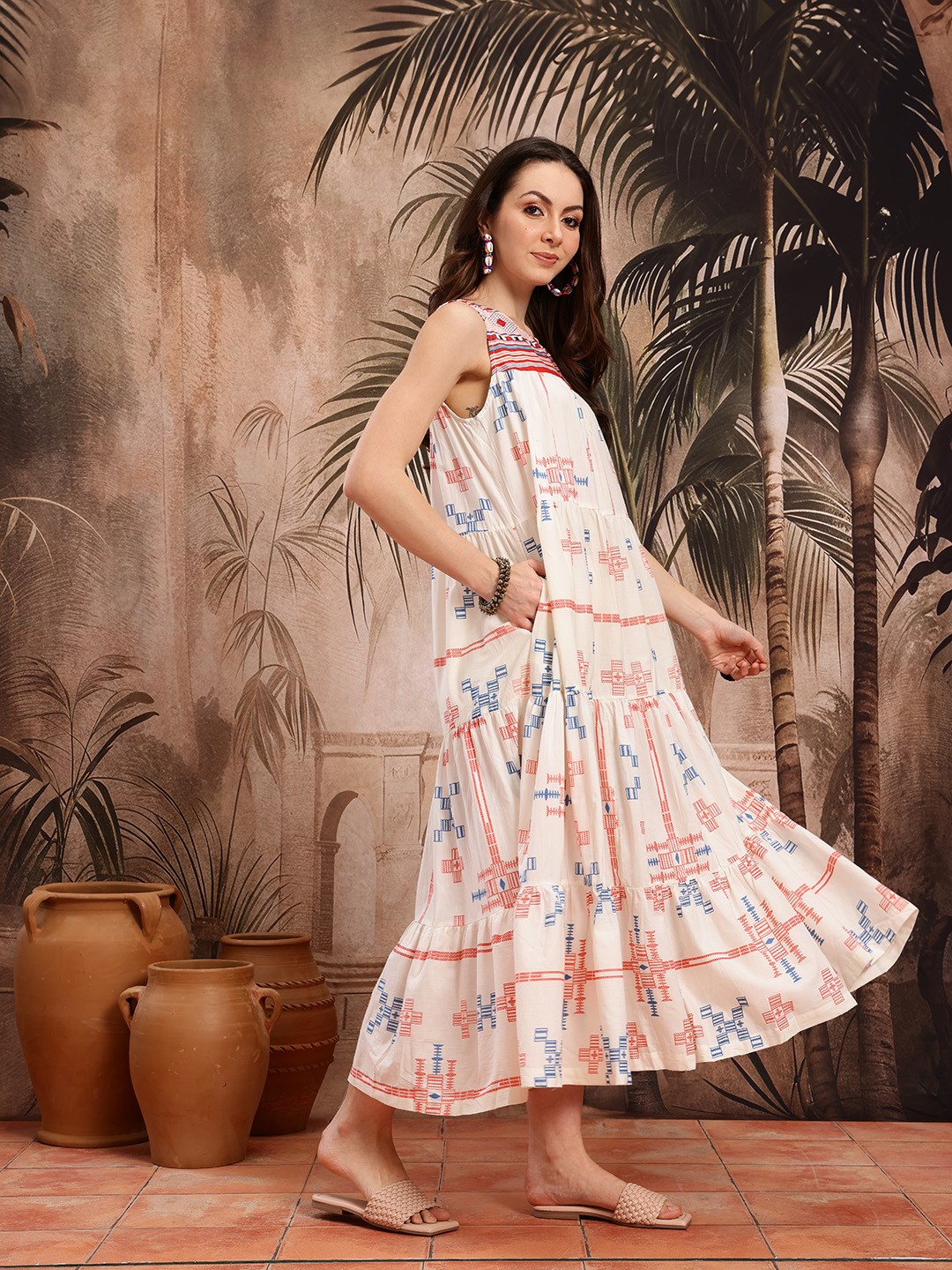 Printed Tiered A-Line Midi Dress