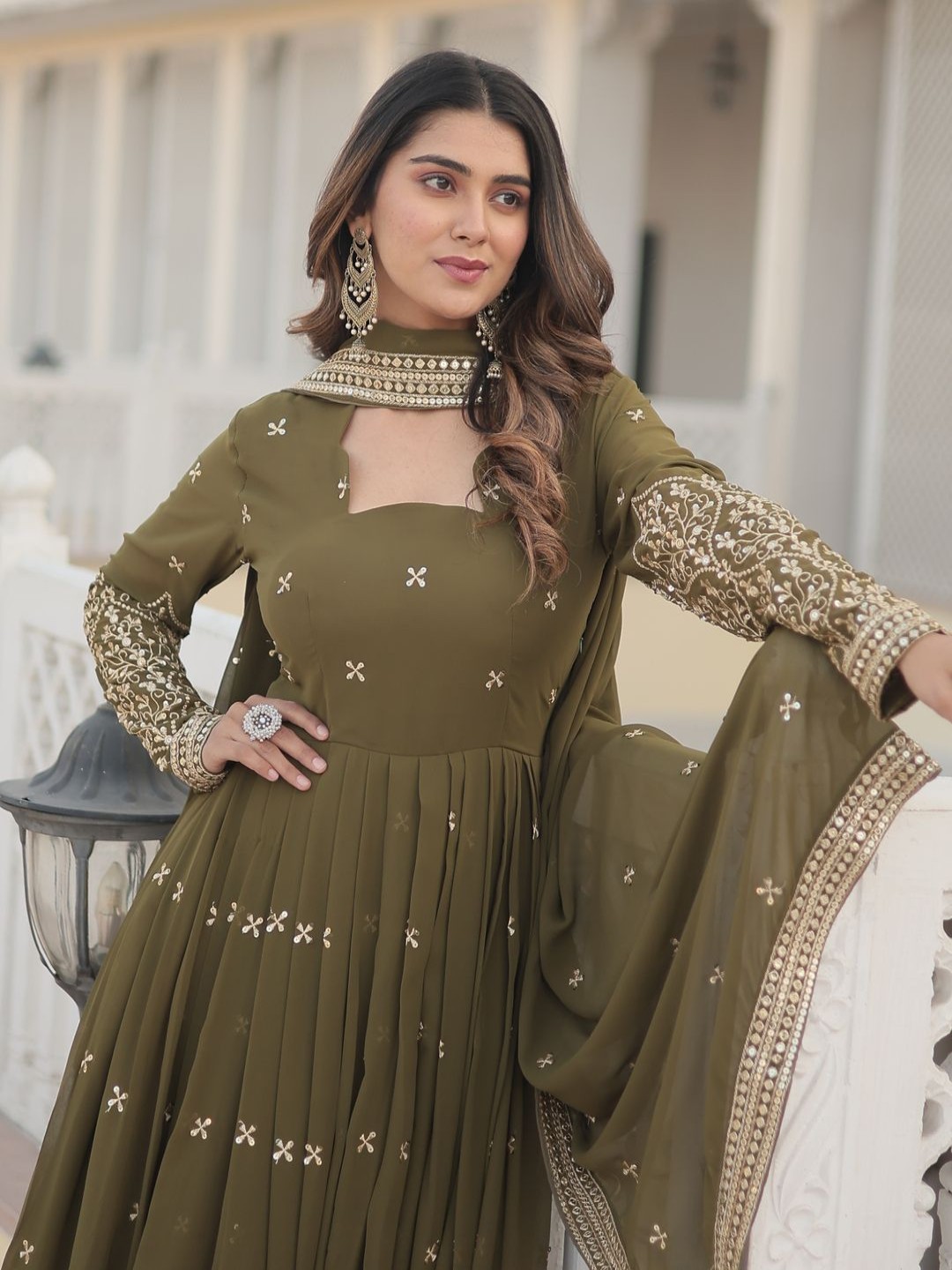 Embroidered Sequence Work Fit & Flared Dress & Dupatta