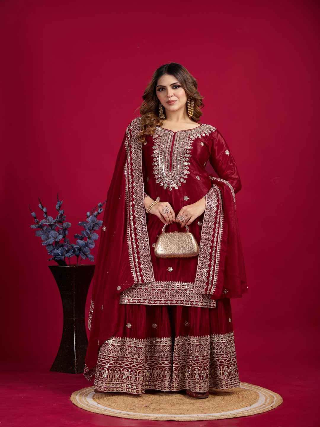 Floral Embroidered Sequinned Straight Kurta With Palazzos & Dupatta