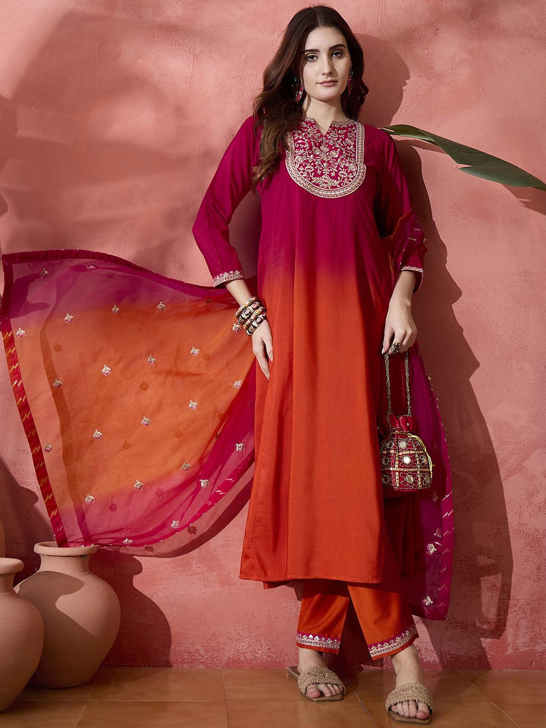 Pink Floral Embroidered Mandarin Collar A-Line Kurta 