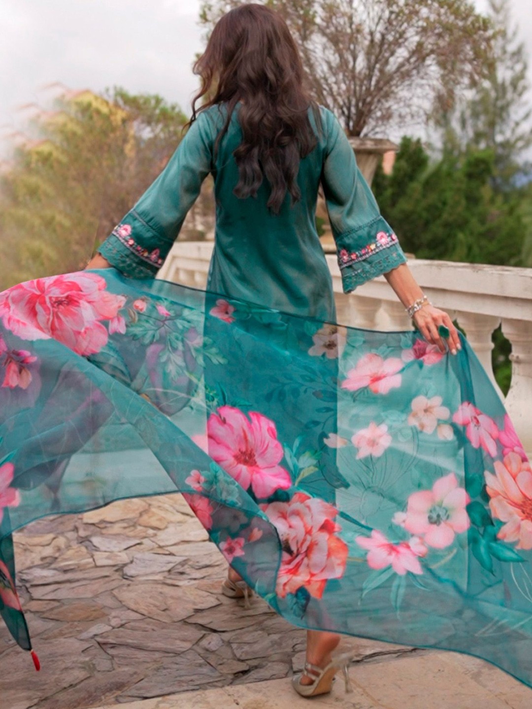 Floral Embroidered  Thread Work Kurta with Trousers & With Dupatta