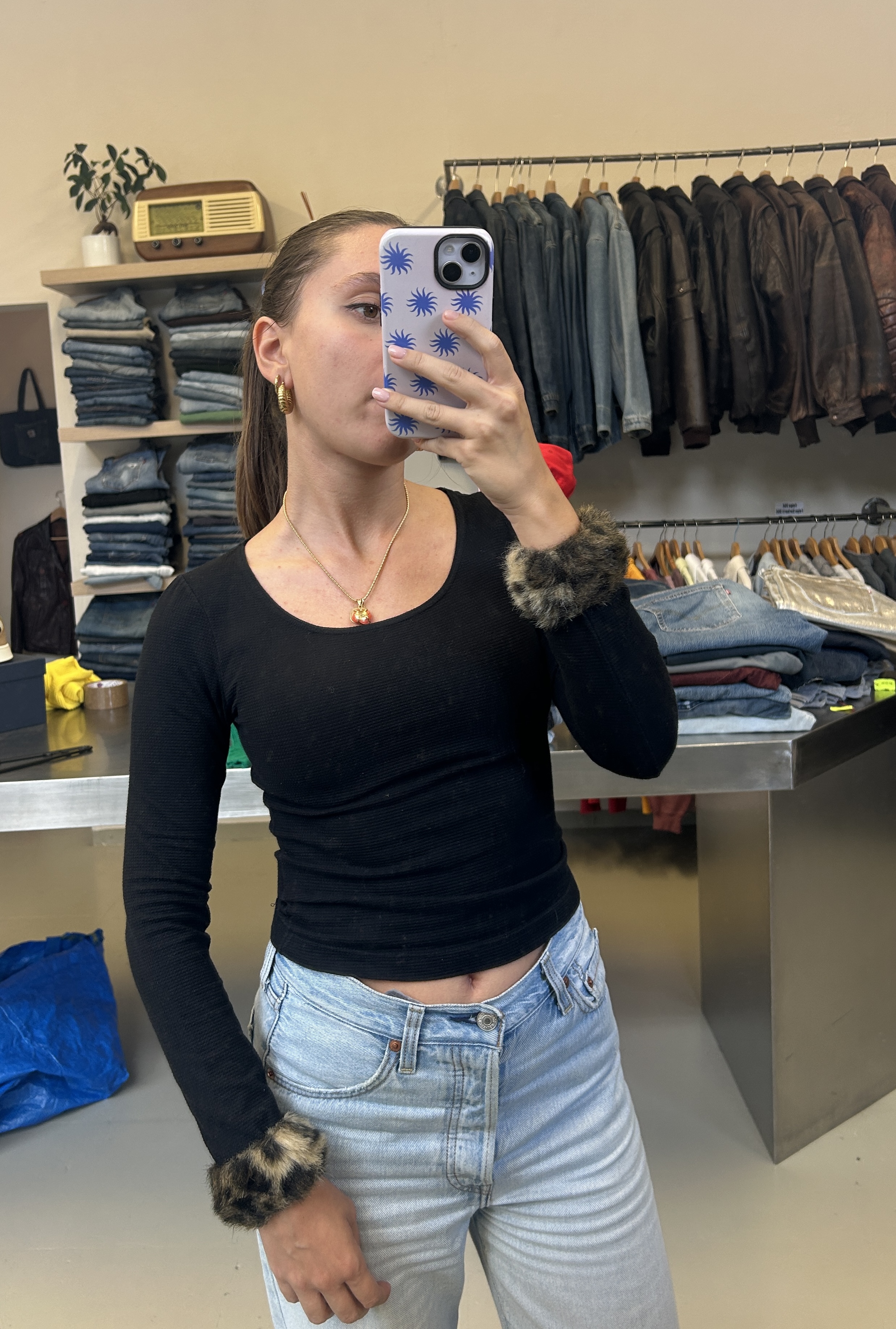 Fiorucci Black Long-Sleeve Top with Faux Fur Cuffs