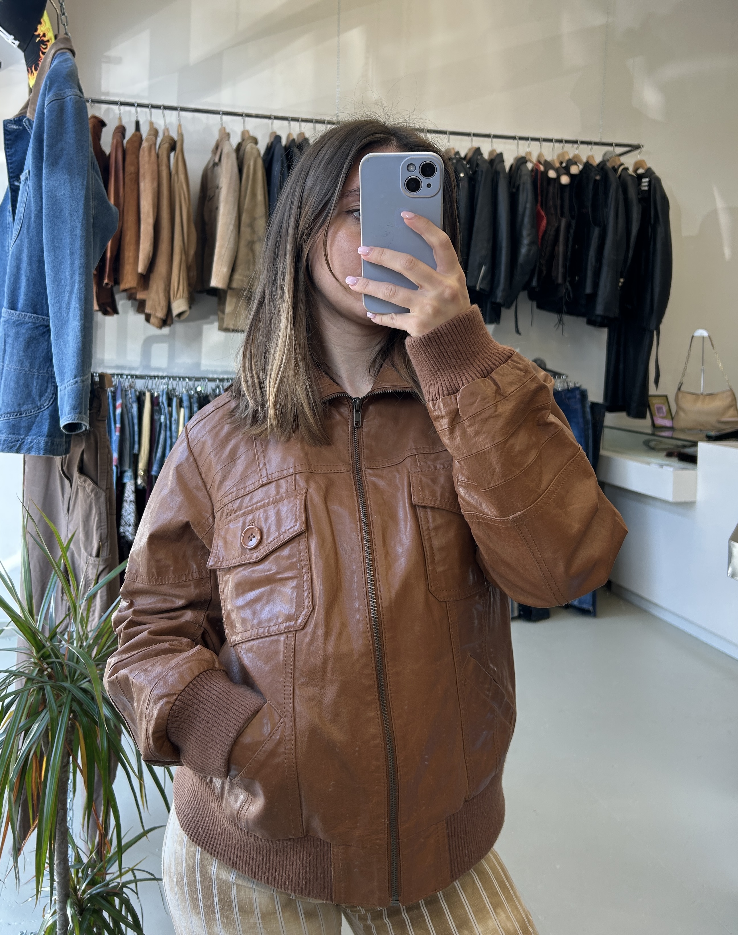 Brown Leather Bomber Tg 42