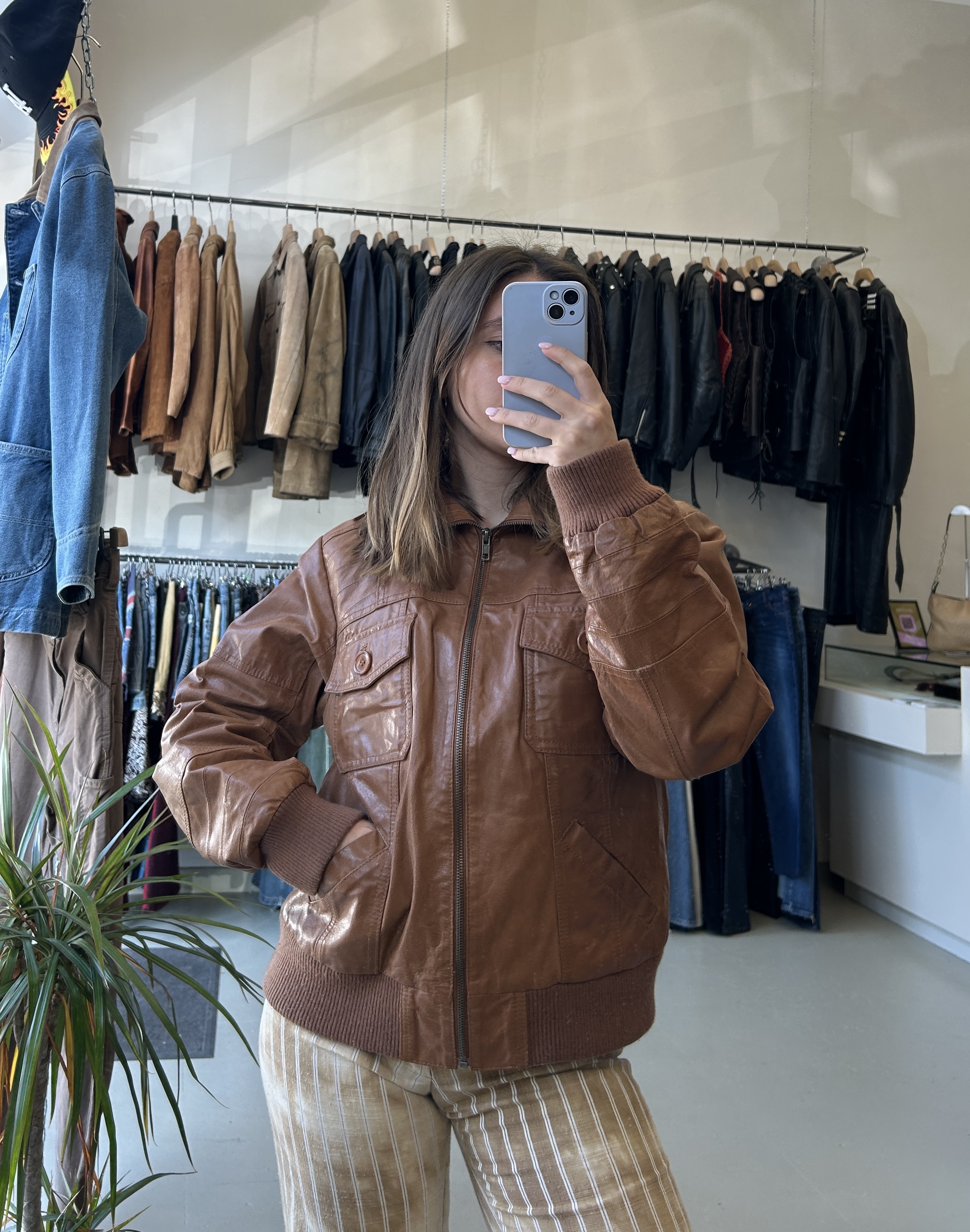 Brown Leather Bomber Tg 42