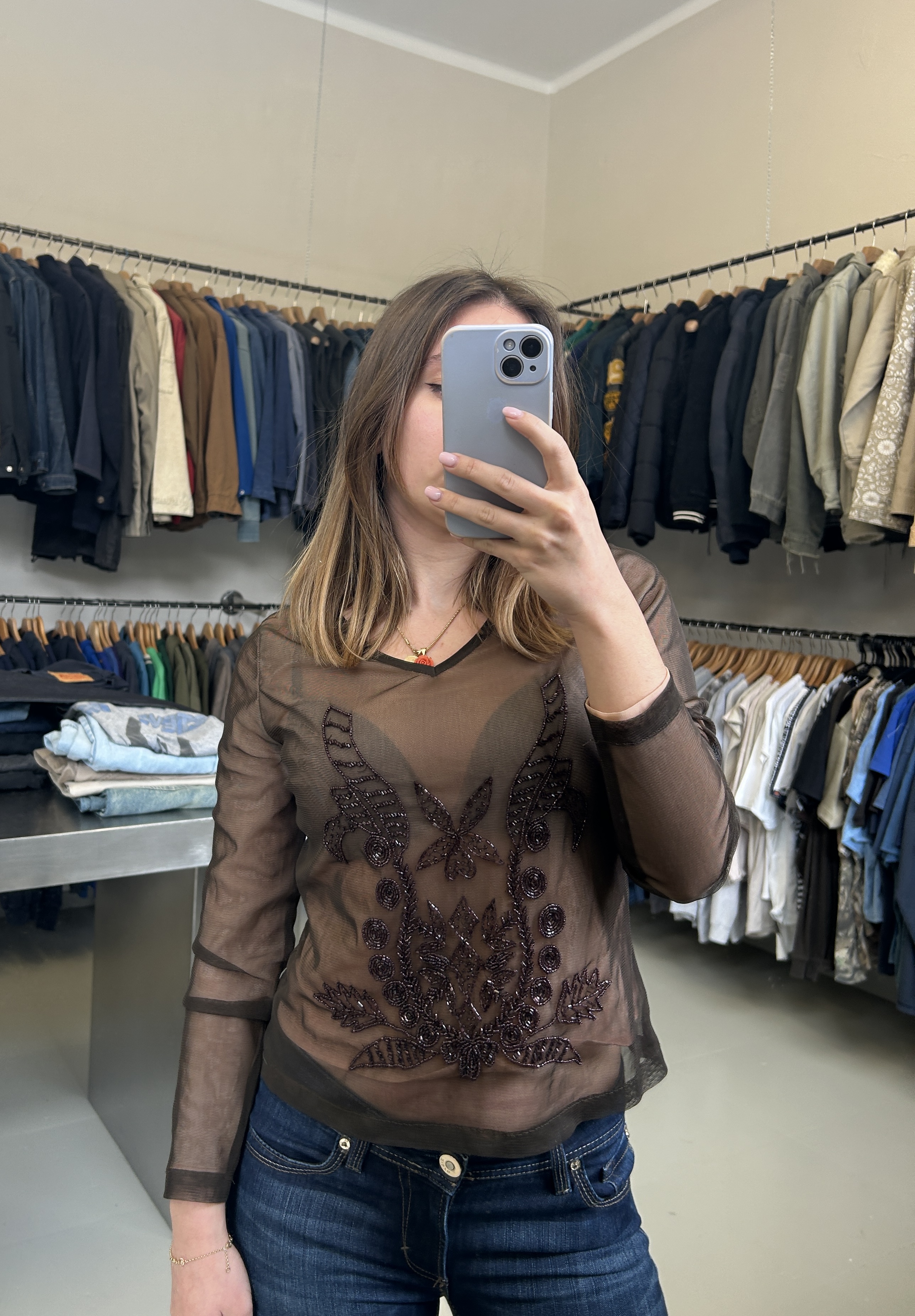 Black Sheer Embroidered Blouse Tg S/M