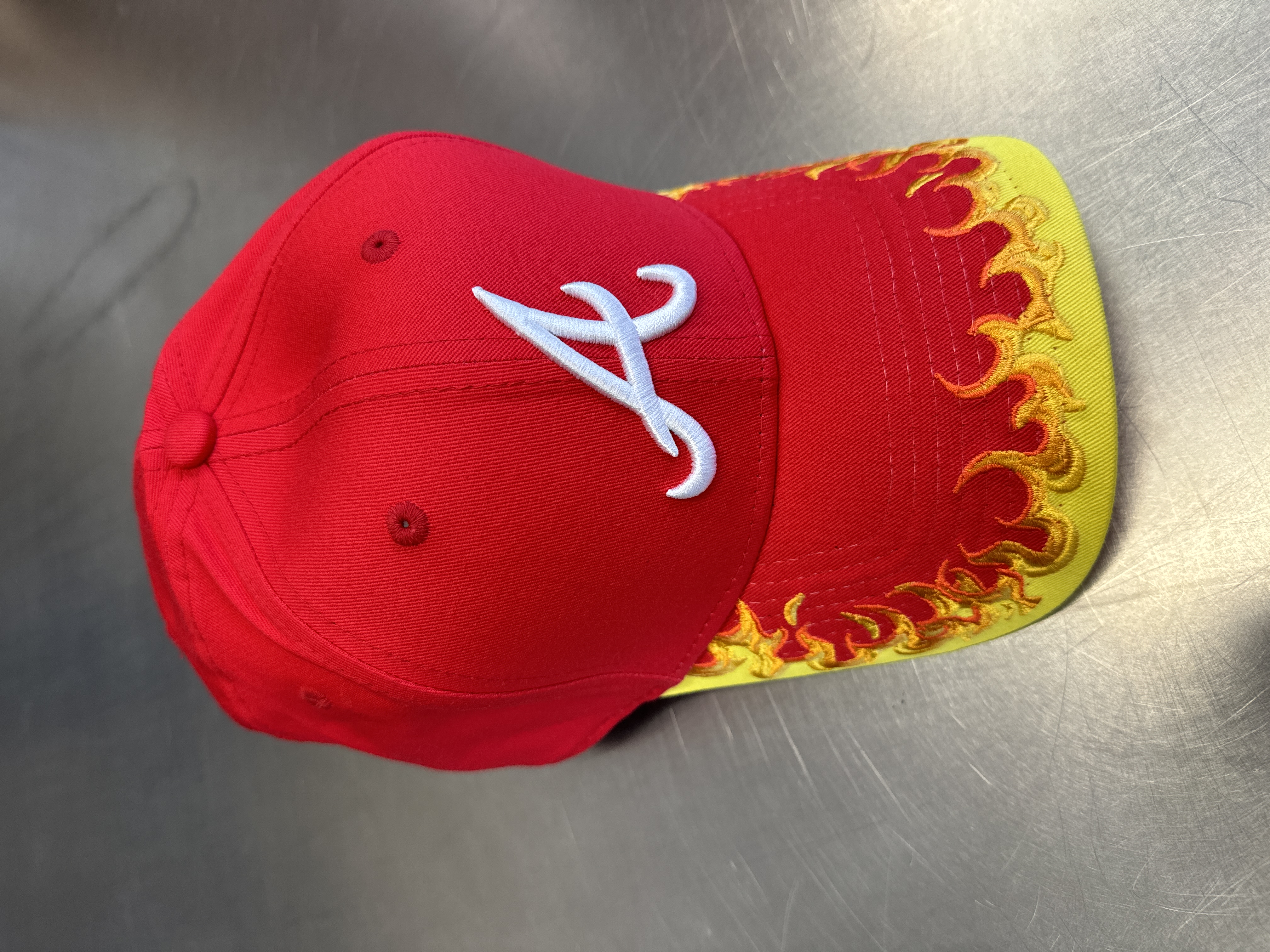 New Era Red and Yellow Cap with Flame Design
