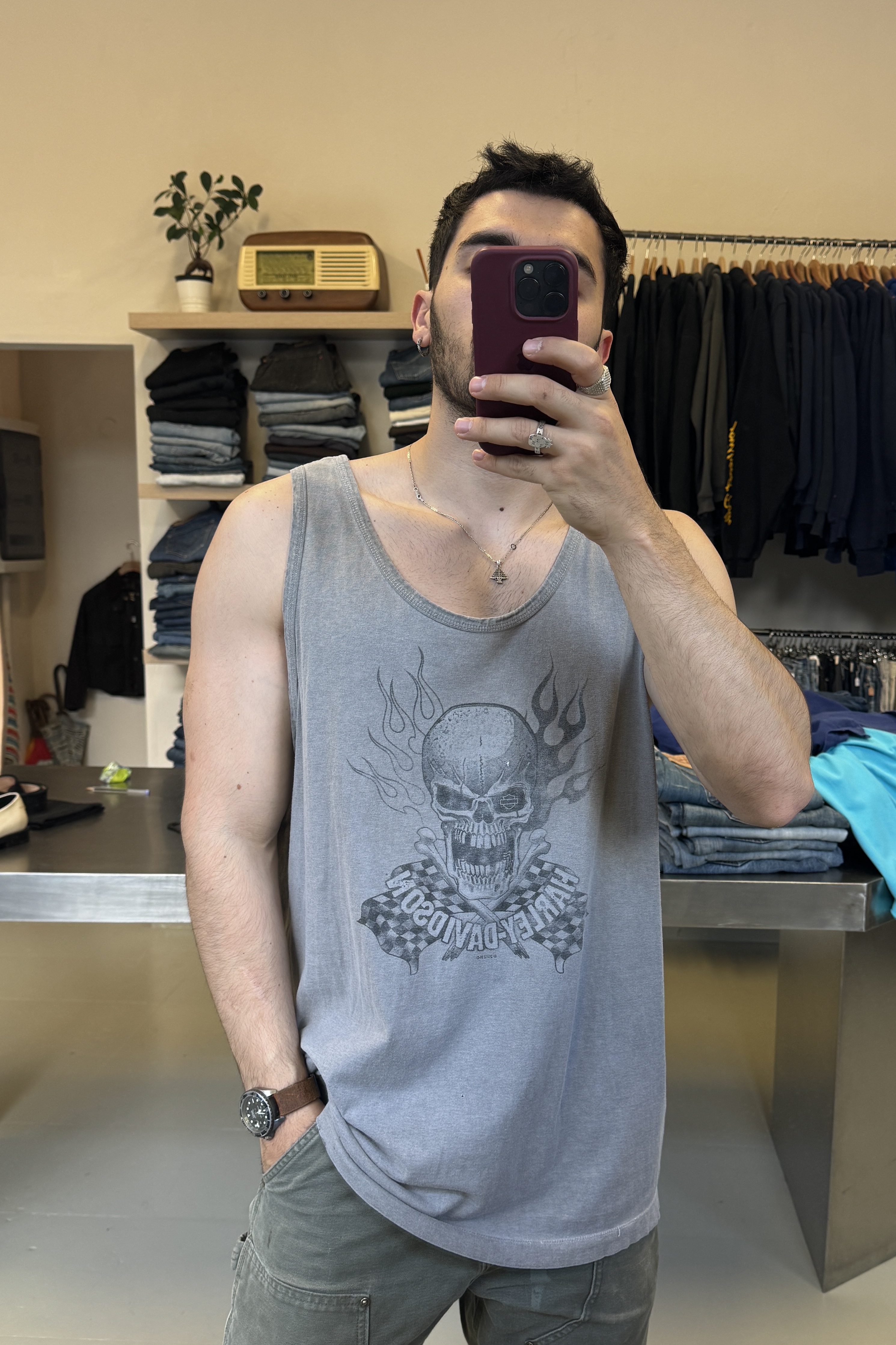 Harley Davidson Skull Graphic Gray Tank Top taglia XL