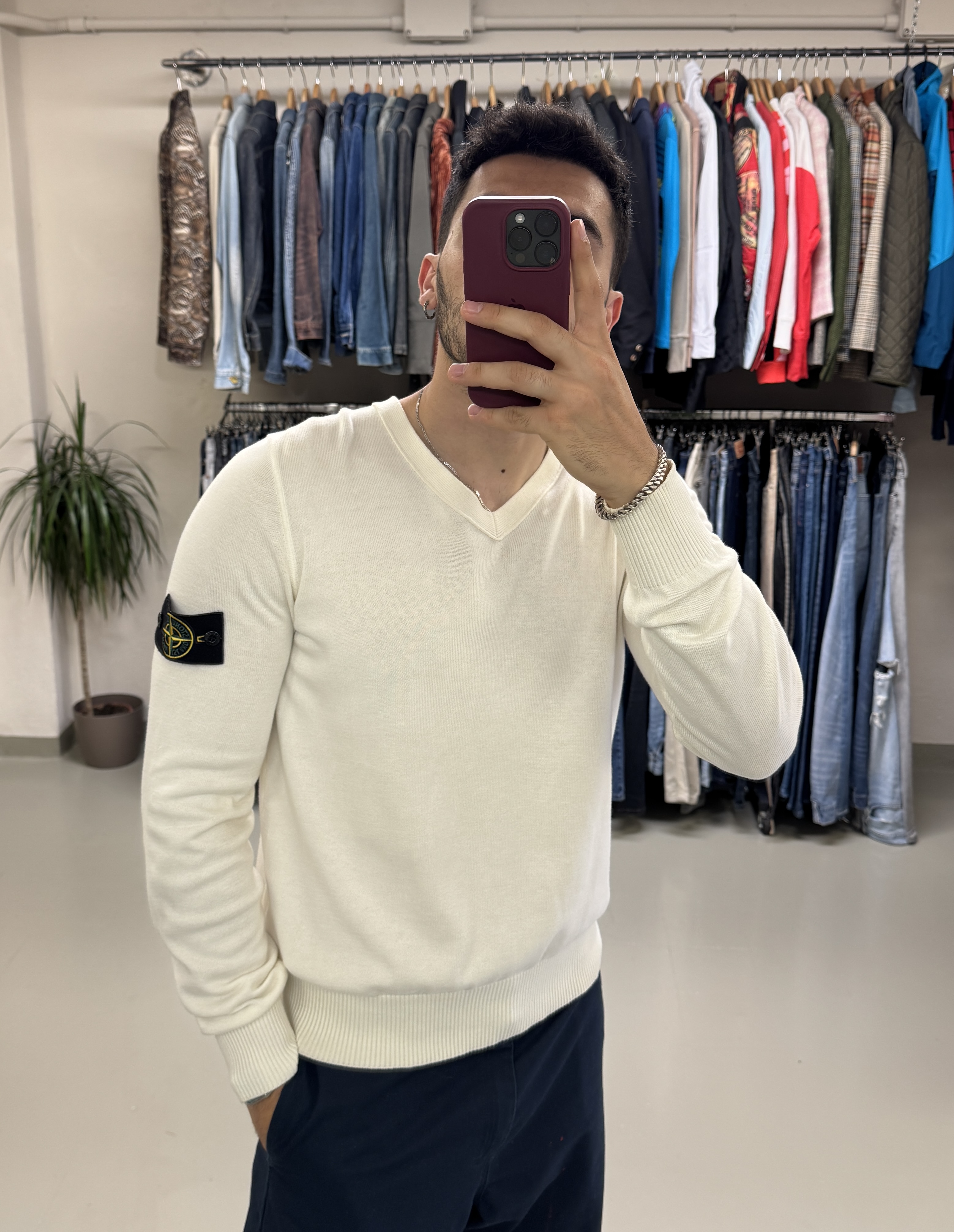 Stone Island White V-neck Sweater taglia M