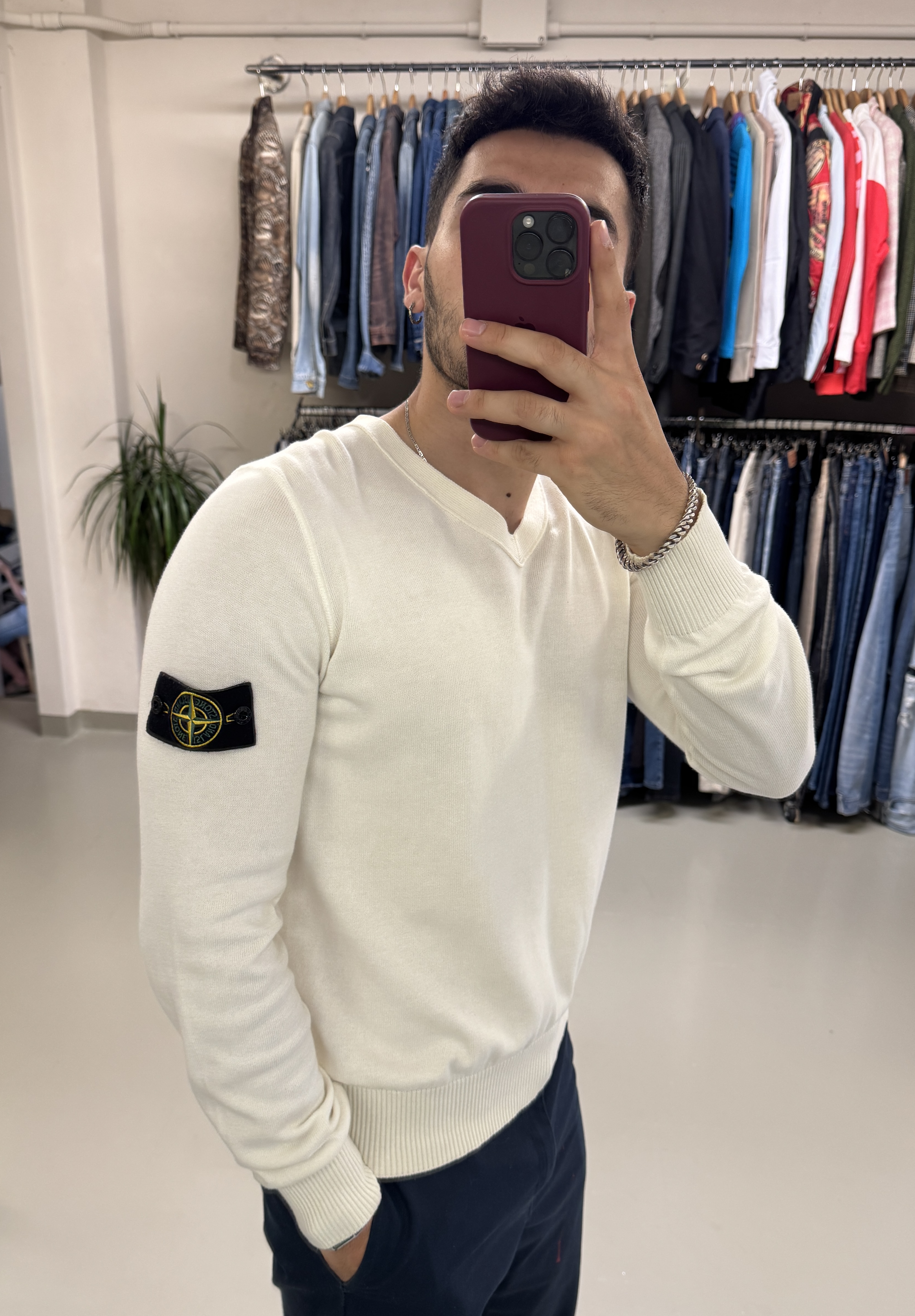 Stone Island White V-neck Sweater taglia M
