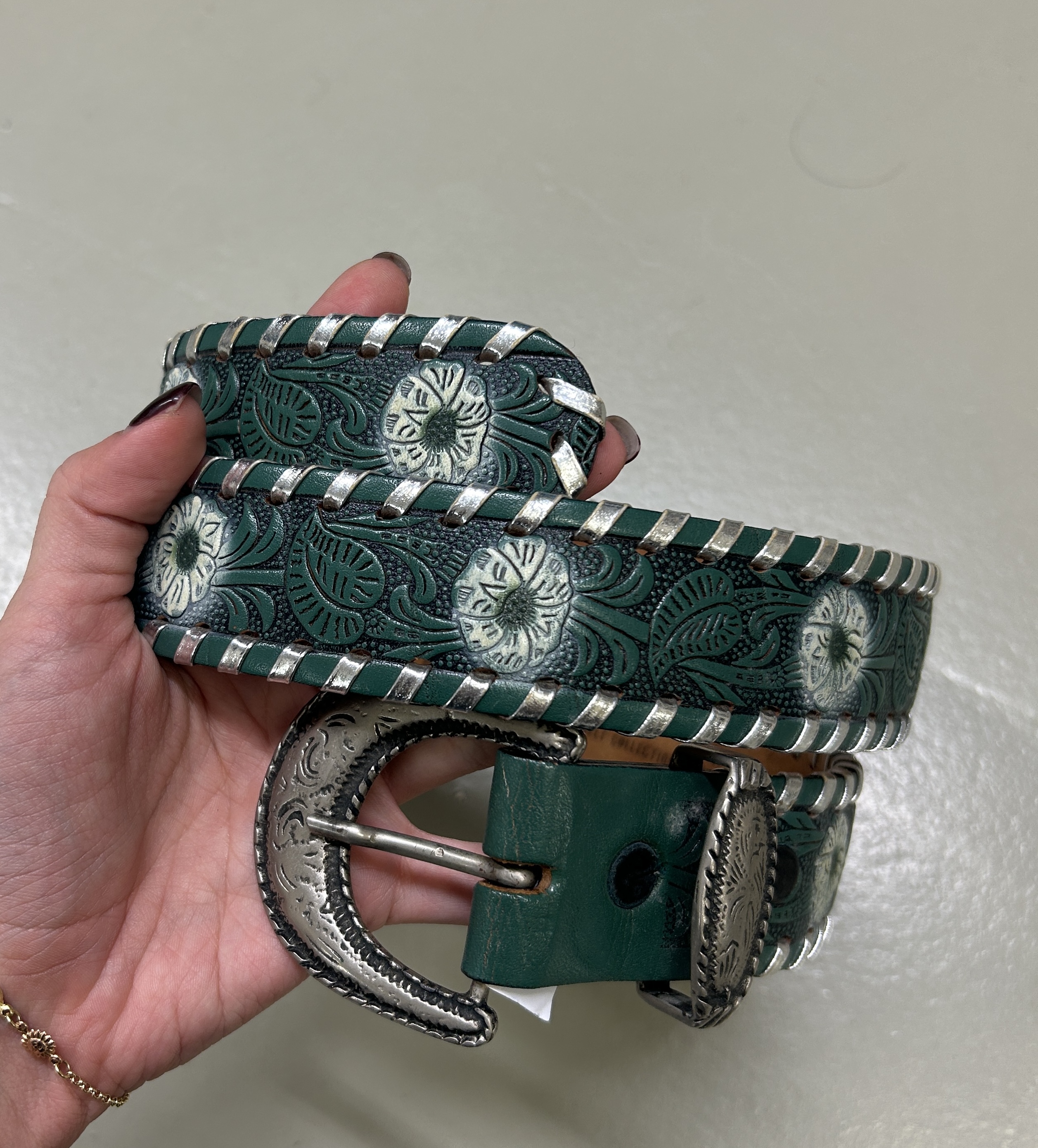 Green Embossed vintage Leather Belt