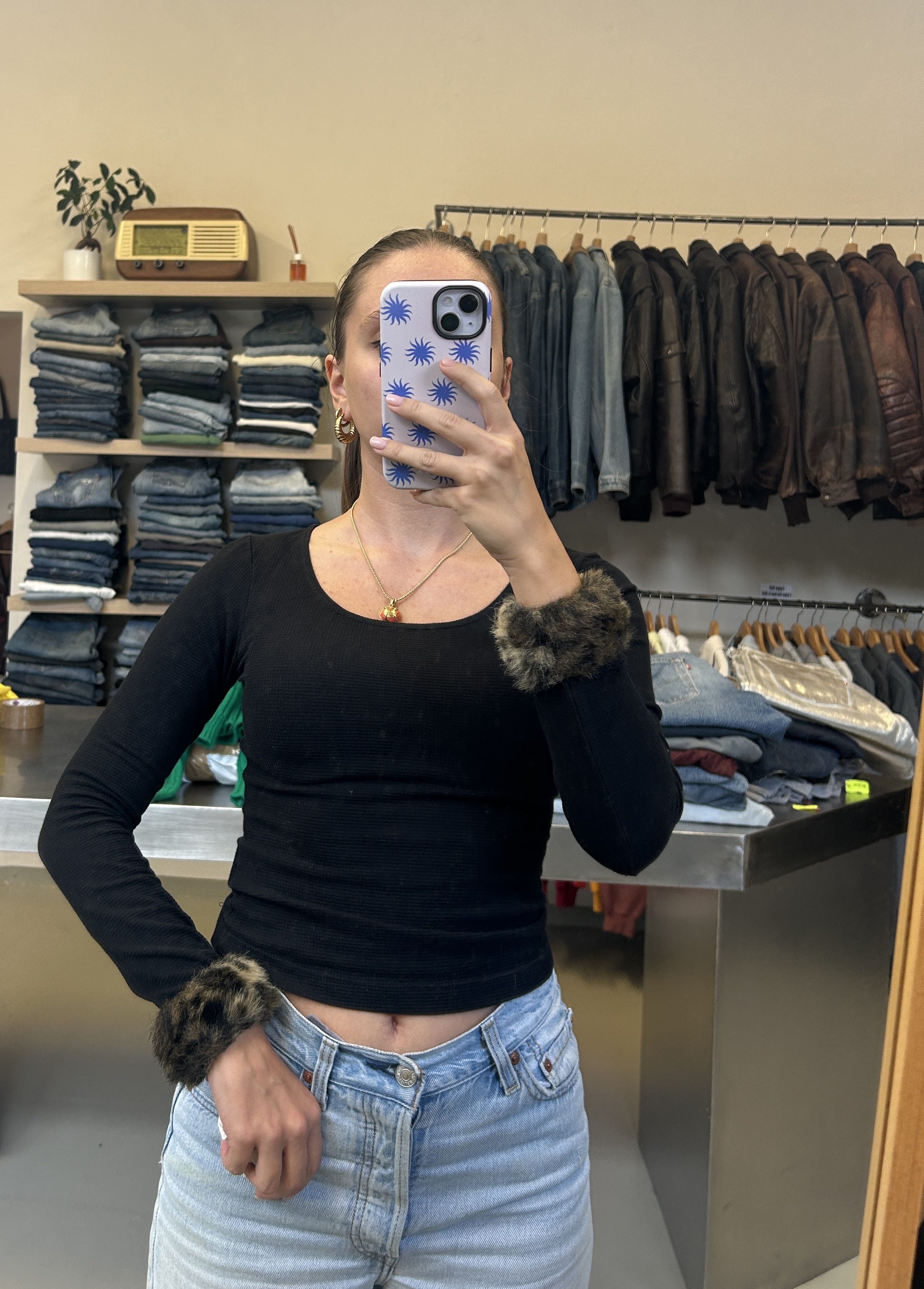 Fiorucci Black Long-Sleeve Top with Faux Fur Cuffs