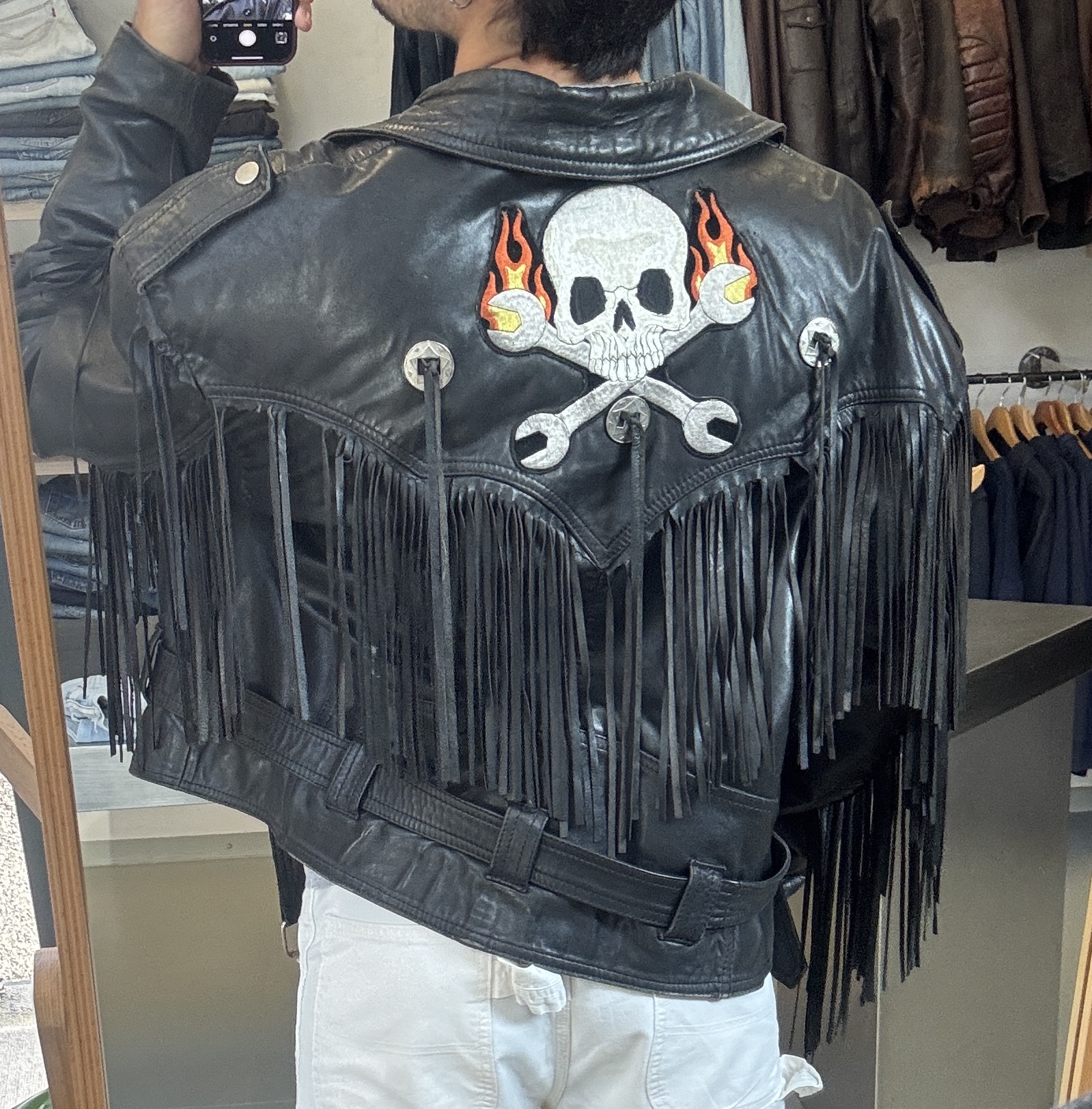 Vintage Black Leather Fringe Jacket taglia XL