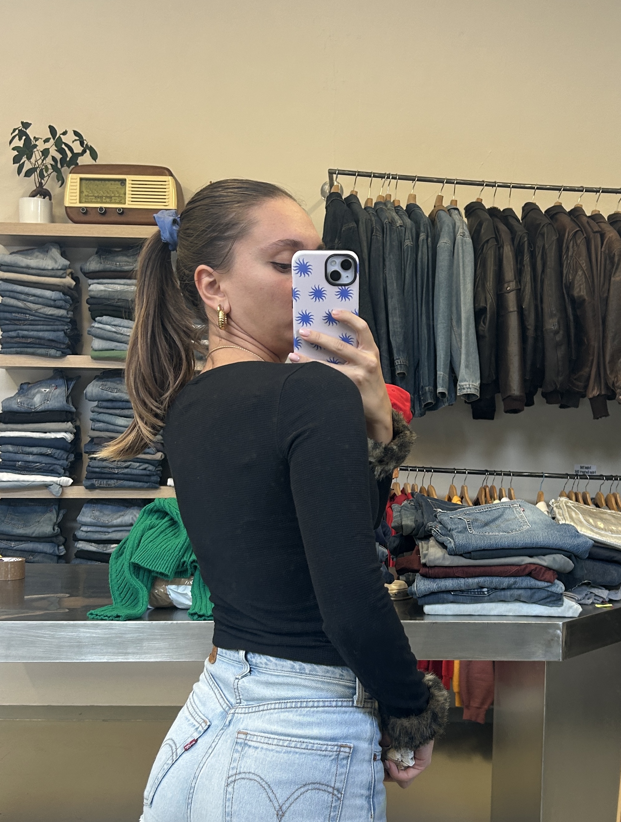 Fiorucci Black Long-Sleeve Top with Faux Fur Cuffs
