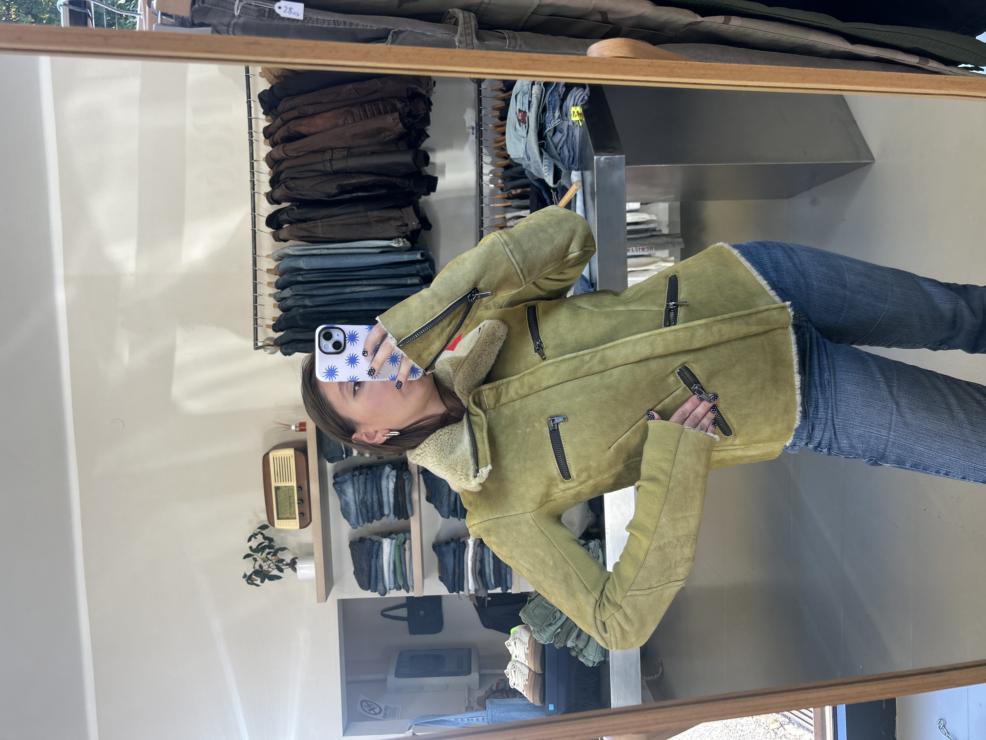 Green Shearling Biker Jacket taglia XS/S