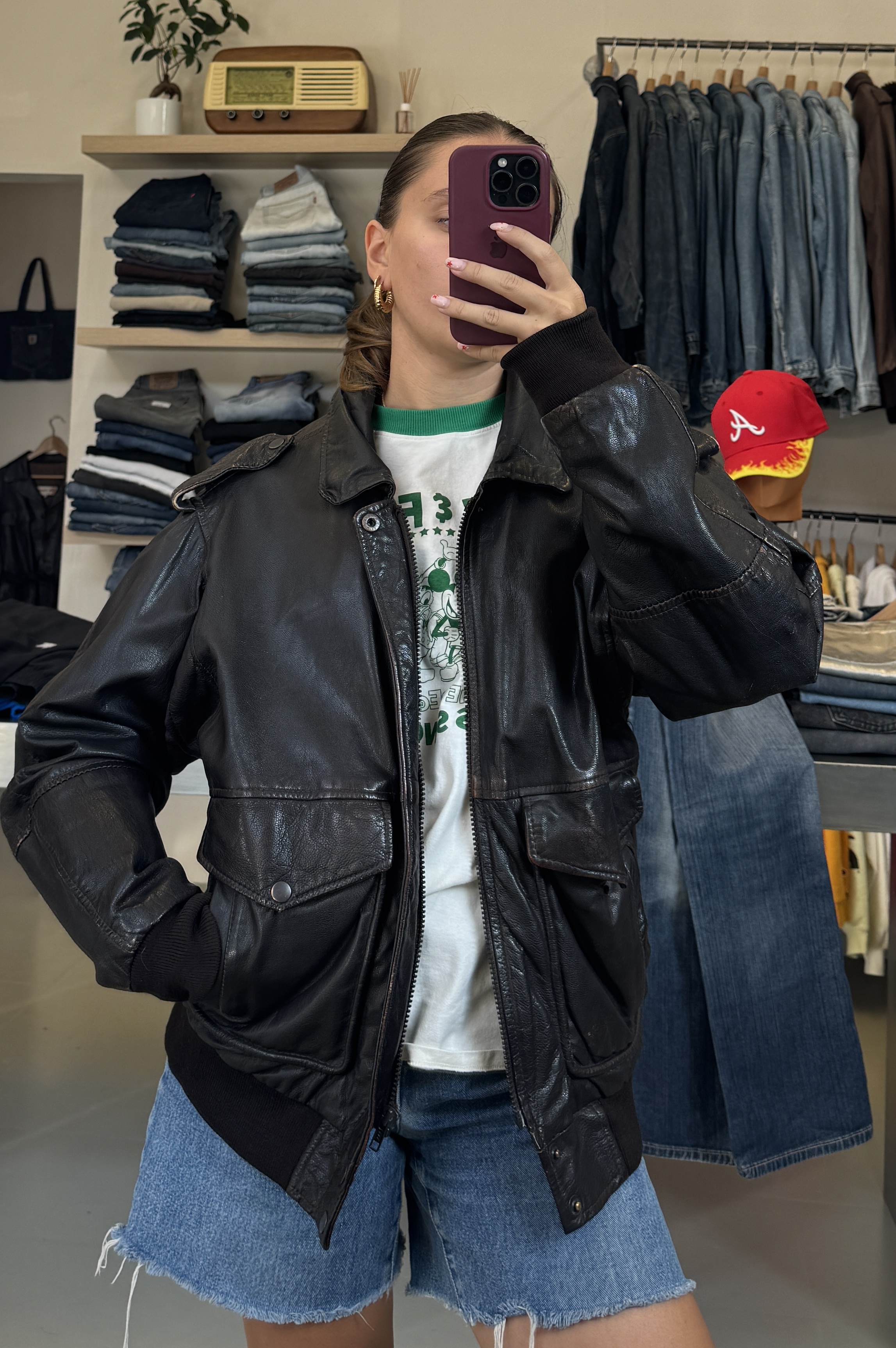Black Vintage Leather Jacket taglia S