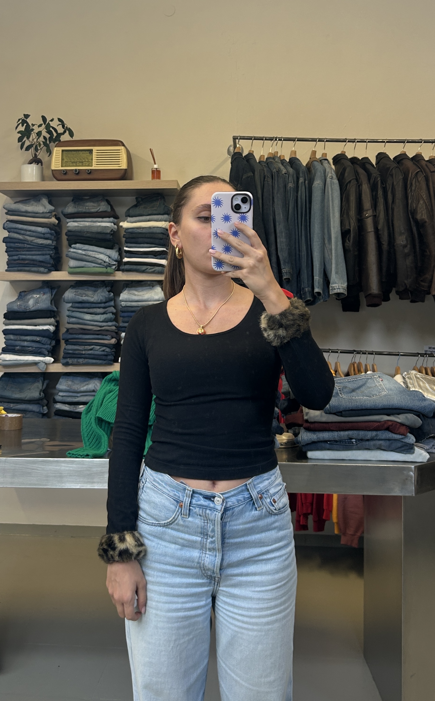 Fiorucci Black Long-Sleeve Top with Faux Fur Cuffs