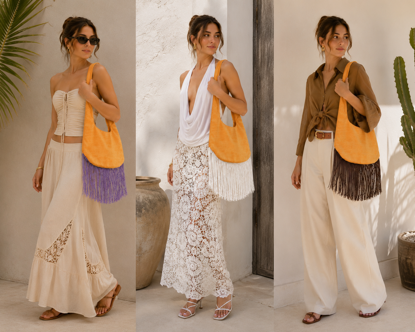 Borsa a spalla in velluto arancione con frange