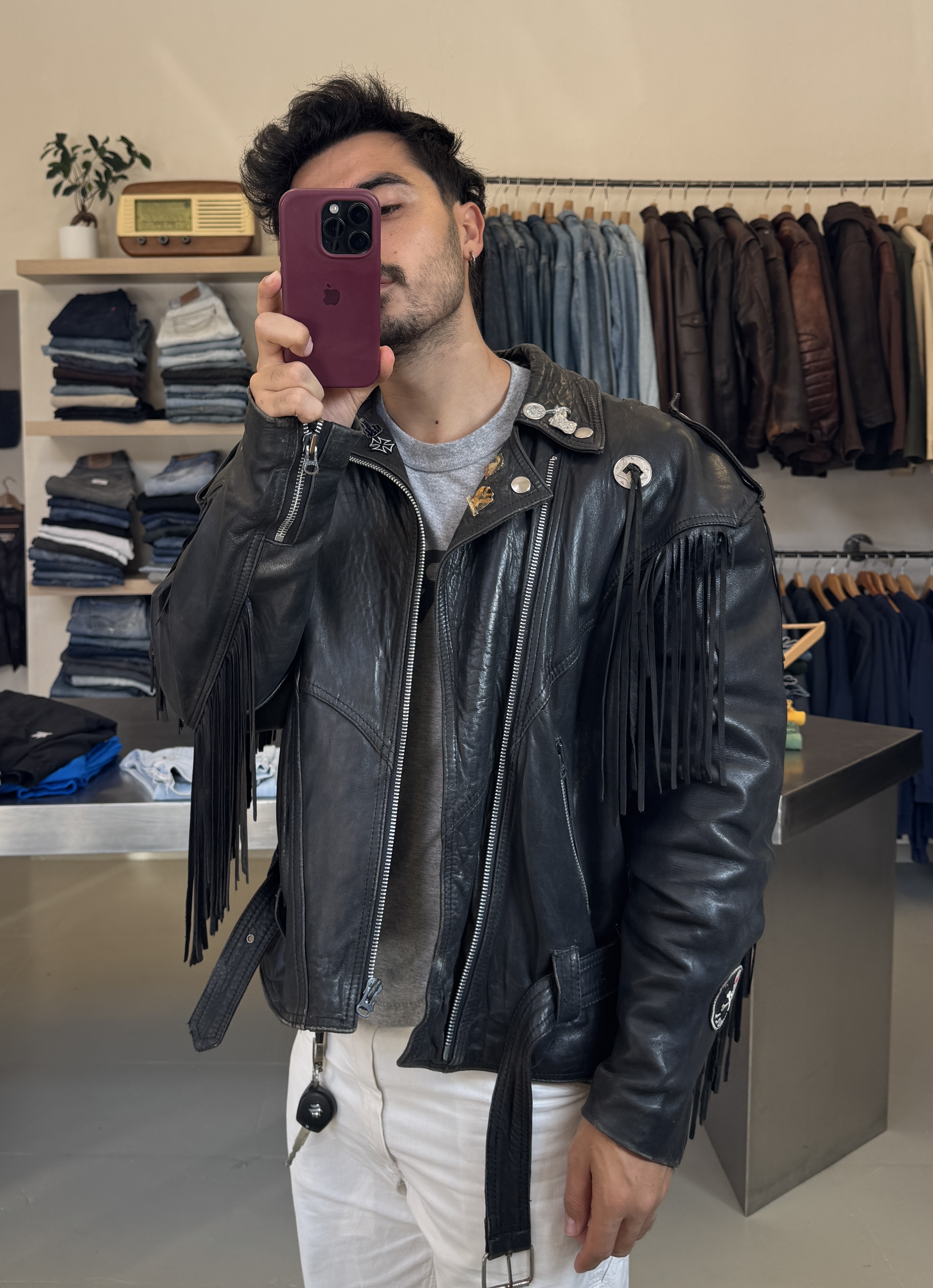 Vintage Black Leather Fringe Jacket taglia XL