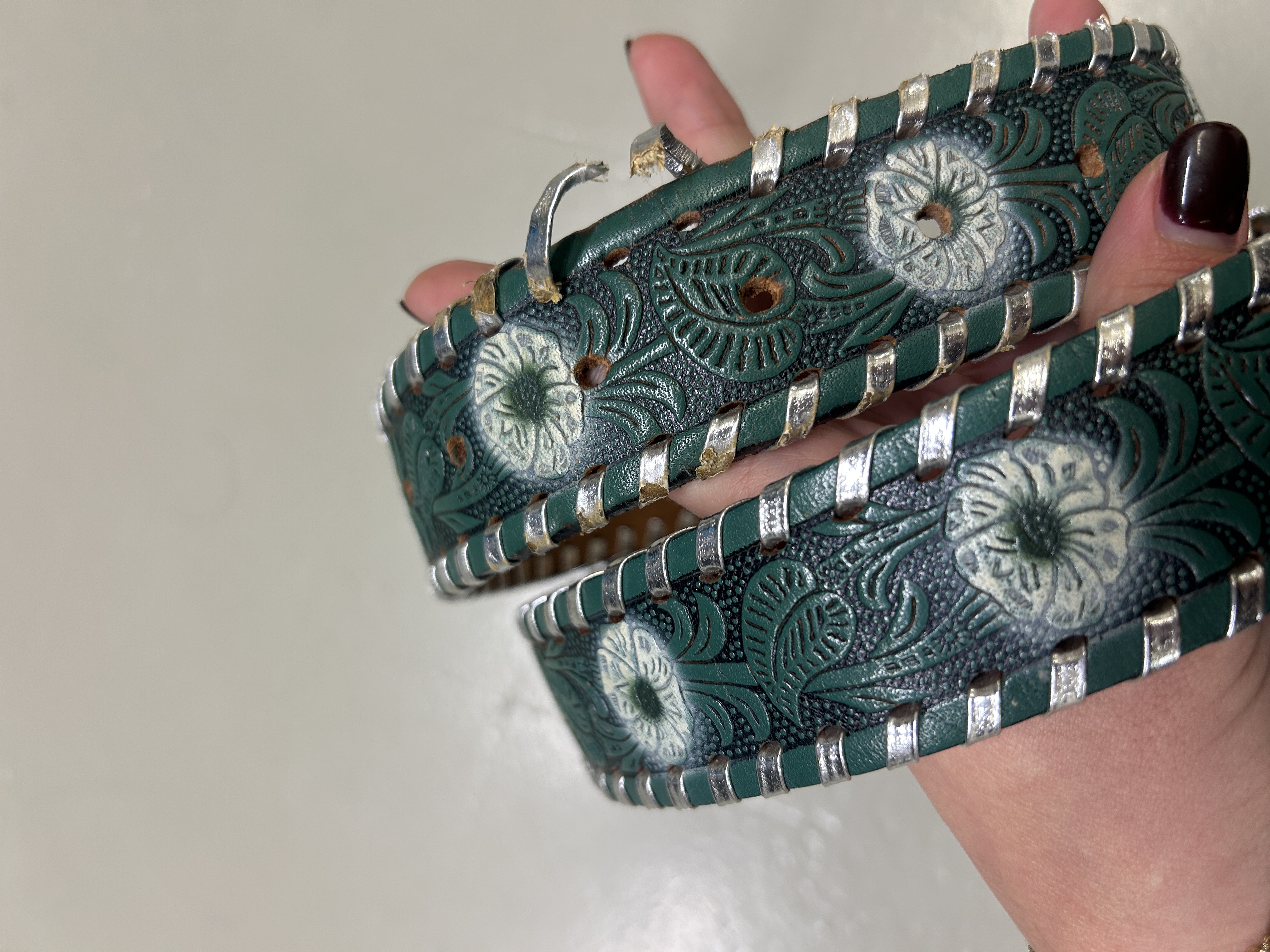 Green Embossed vintage Leather Belt