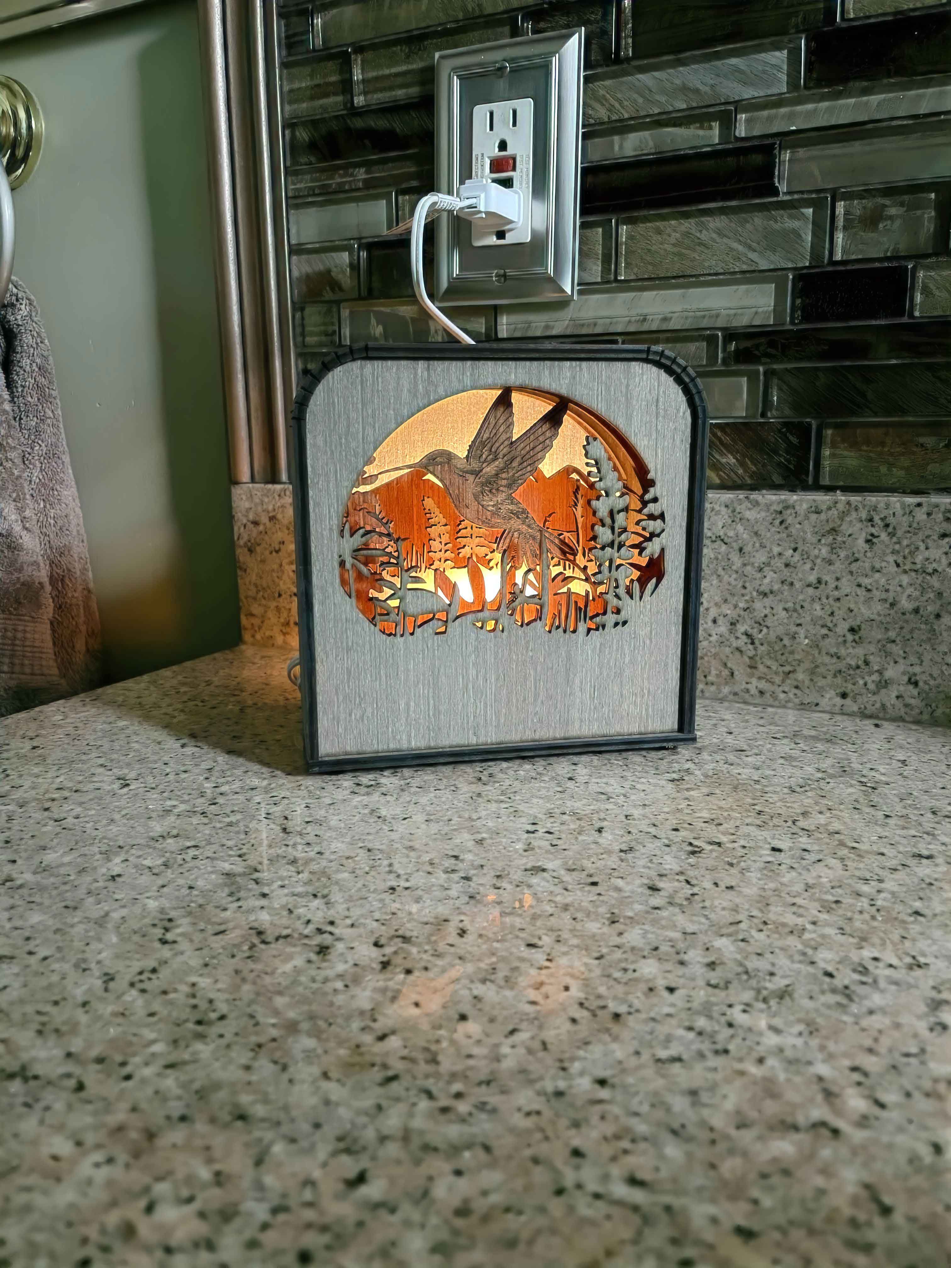 Hummingbird Design Wood Shadow Box - Easy Grey