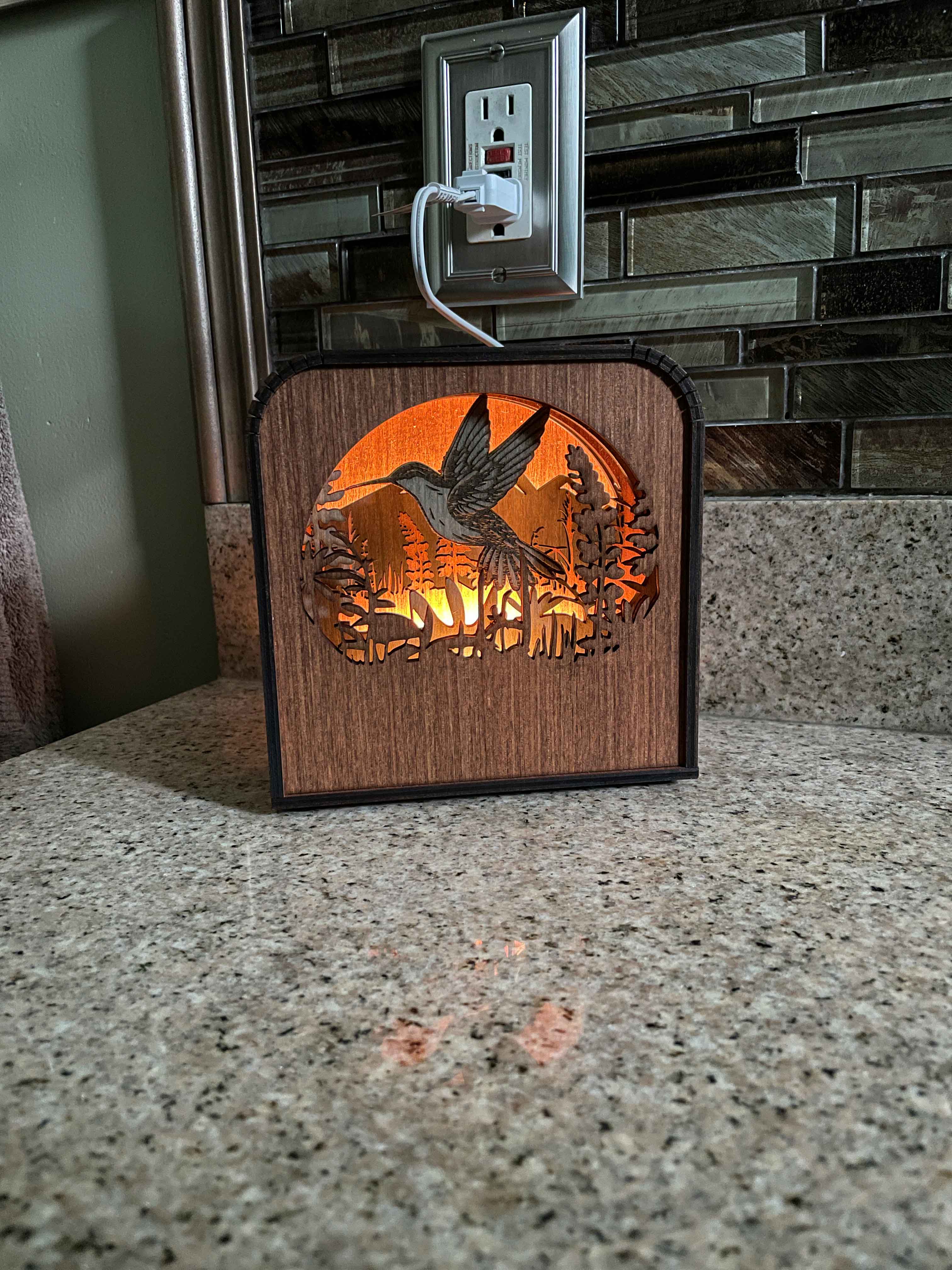 Hummingbird Design Wood Shadow Box - American Walnut