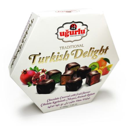 Ugurlu, Altigen Cikolatali Meyveli Lokum, Chocolate Fruit Turkish Delight, 200gr