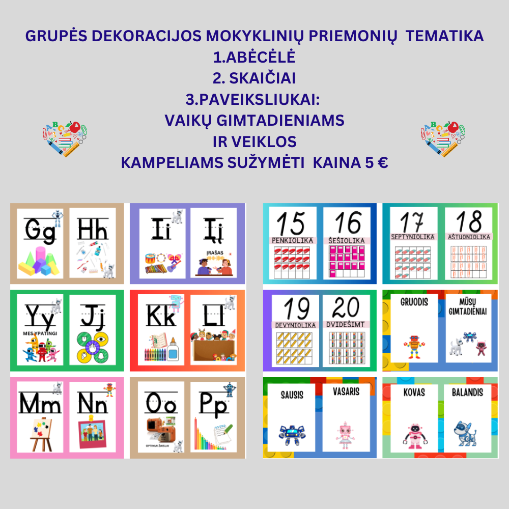 Grupės dekoracijas su linksmaisiais robotukais mokykline tematika