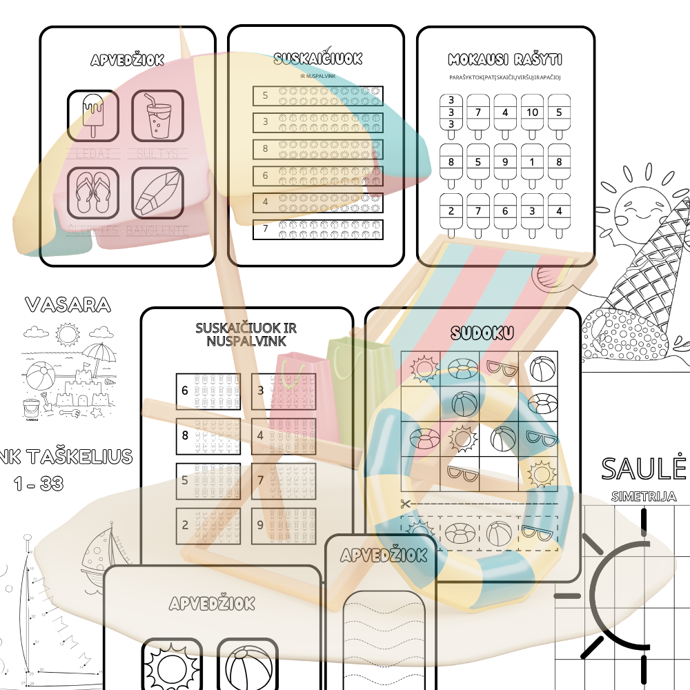 UŽDUOTYS  Vasaros tematika – nemokamas PDF rinkinukas 3–6 metų vaikams  36 lapai