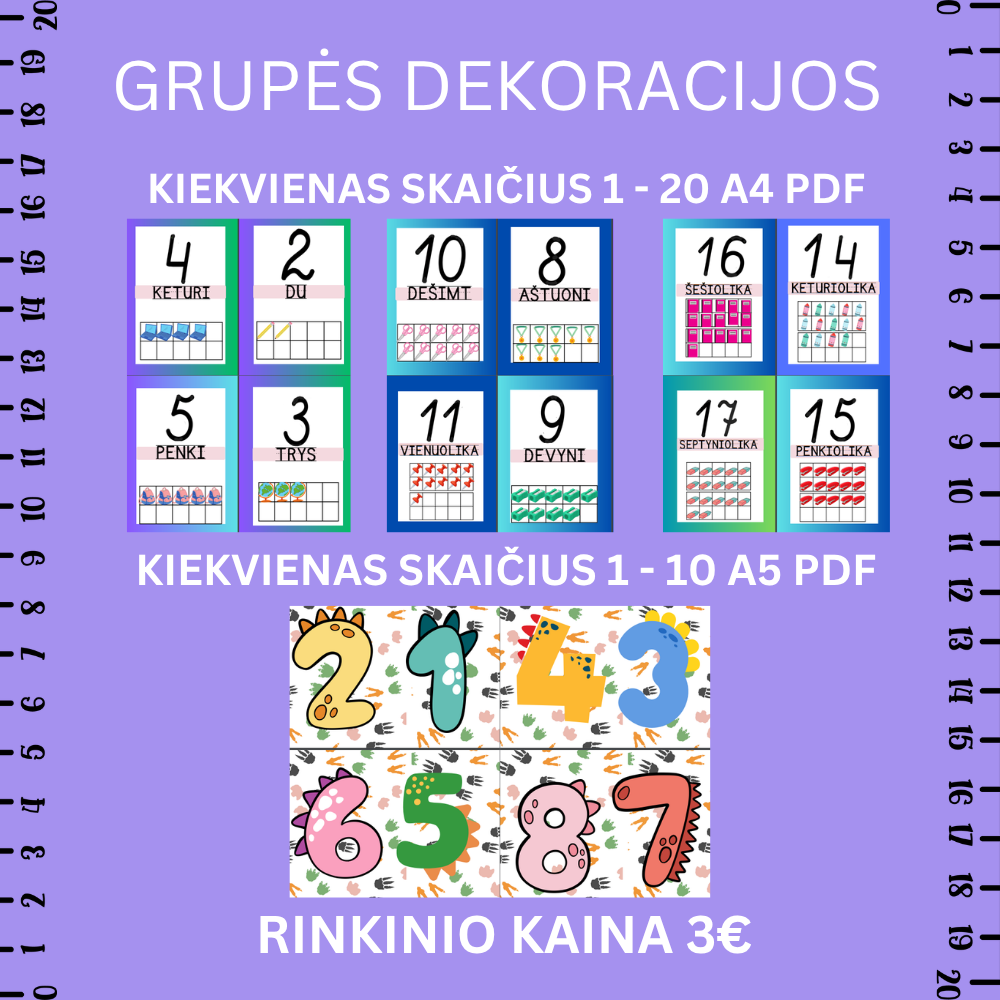 Skaičių dekoracijos 1–10 Drakono tema  ir 1 - 20 Mokykline tema