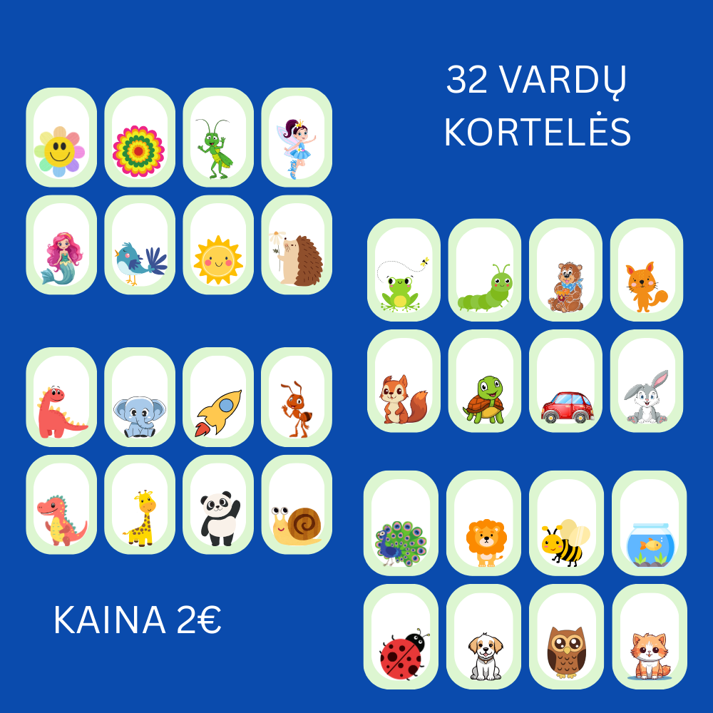 Kortelės su vaikų vardais ir paveiksiukais PDF