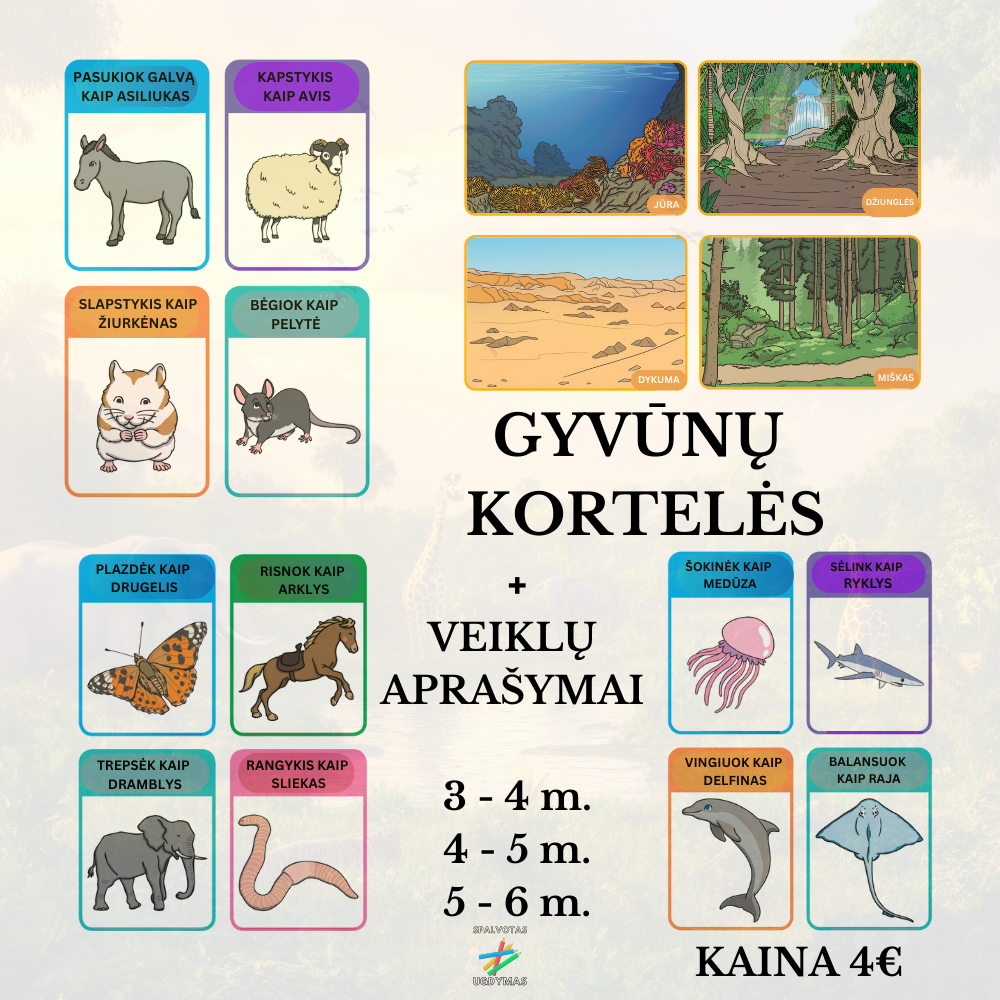 Metodinė priemonė GYVŪNŲ KORTELĖS 3–6 m. vaikams