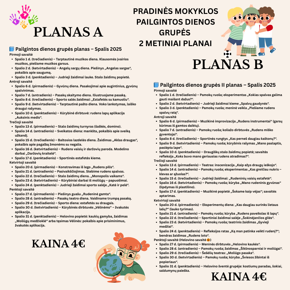 Metiniai pailgintos dienos grupės planai pradinukų mokytojoms  2025/2026