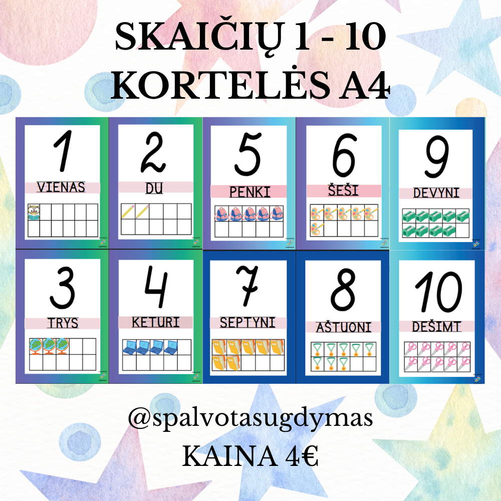Skaičių 1 - 10 kortelės A4