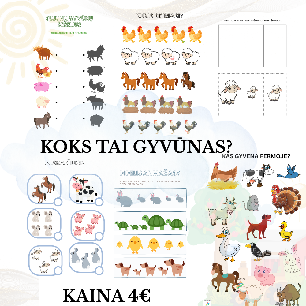 Spalvotas rinkinys „Gyvūnų užduotėlės“ (1–3 m. vaikams)