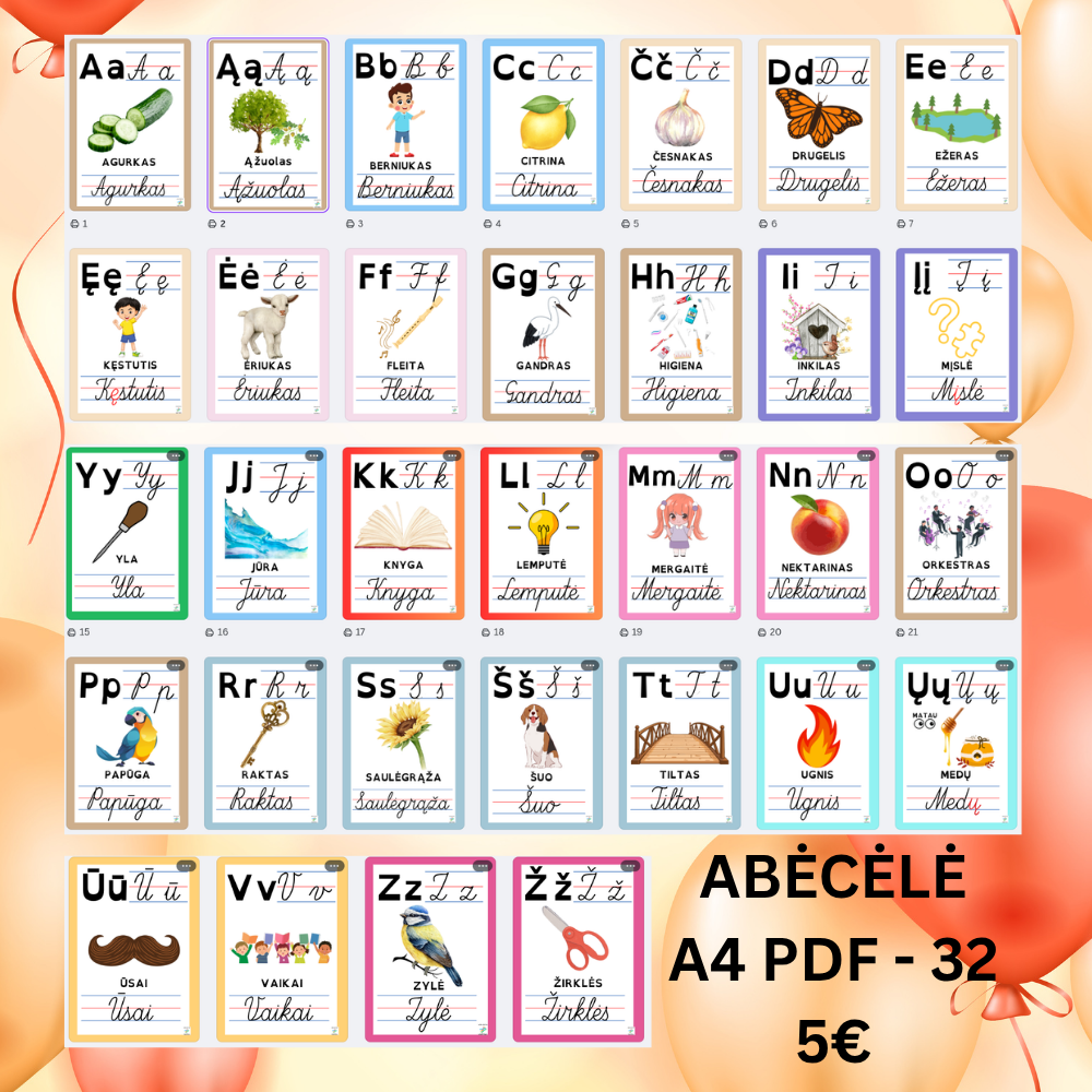 Spalvota 32 raidžių ABĖCĖLĖ A4 PDF