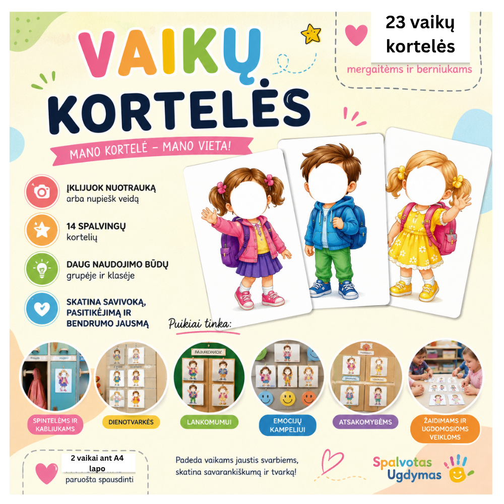 Rinkinys skirtas individualioms vaikų kortelėms kurti – tereikia įklijuoti vaiko veiduko nuotrauką.