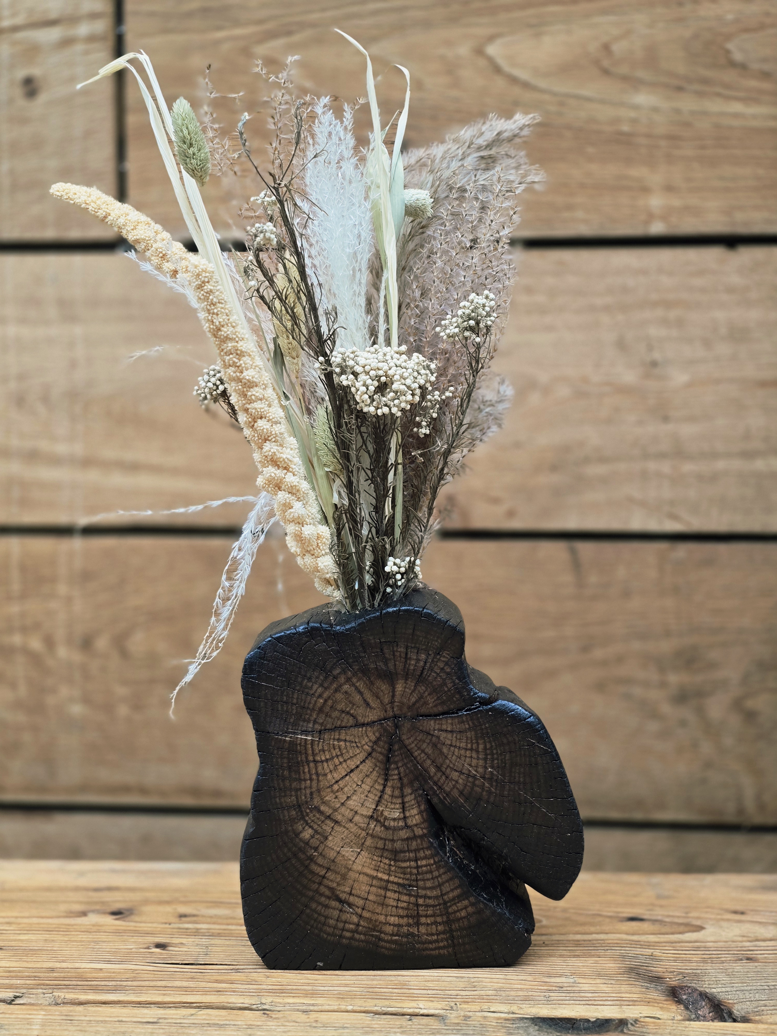 Rustic Wooden Vase with Dried Flowers