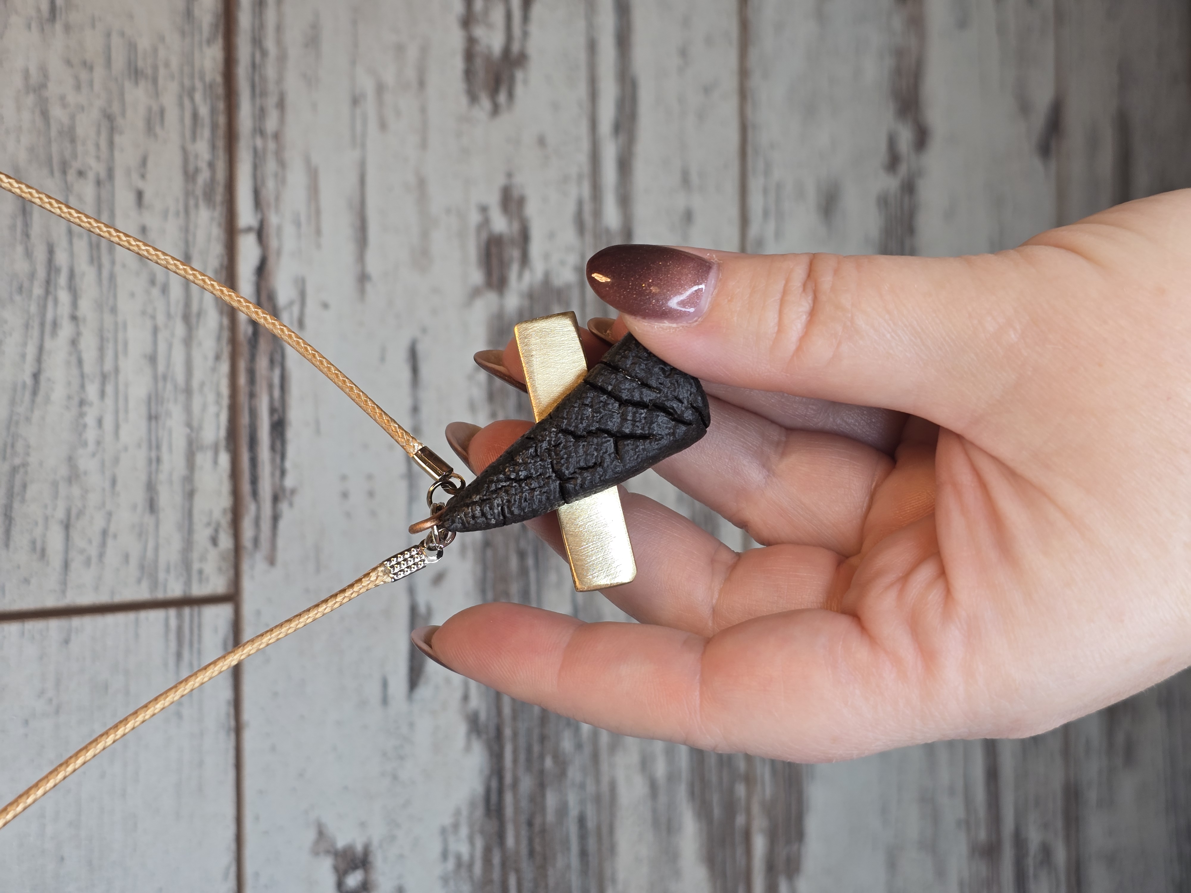 Modern Charred Wood & Brass Pendant Necklace