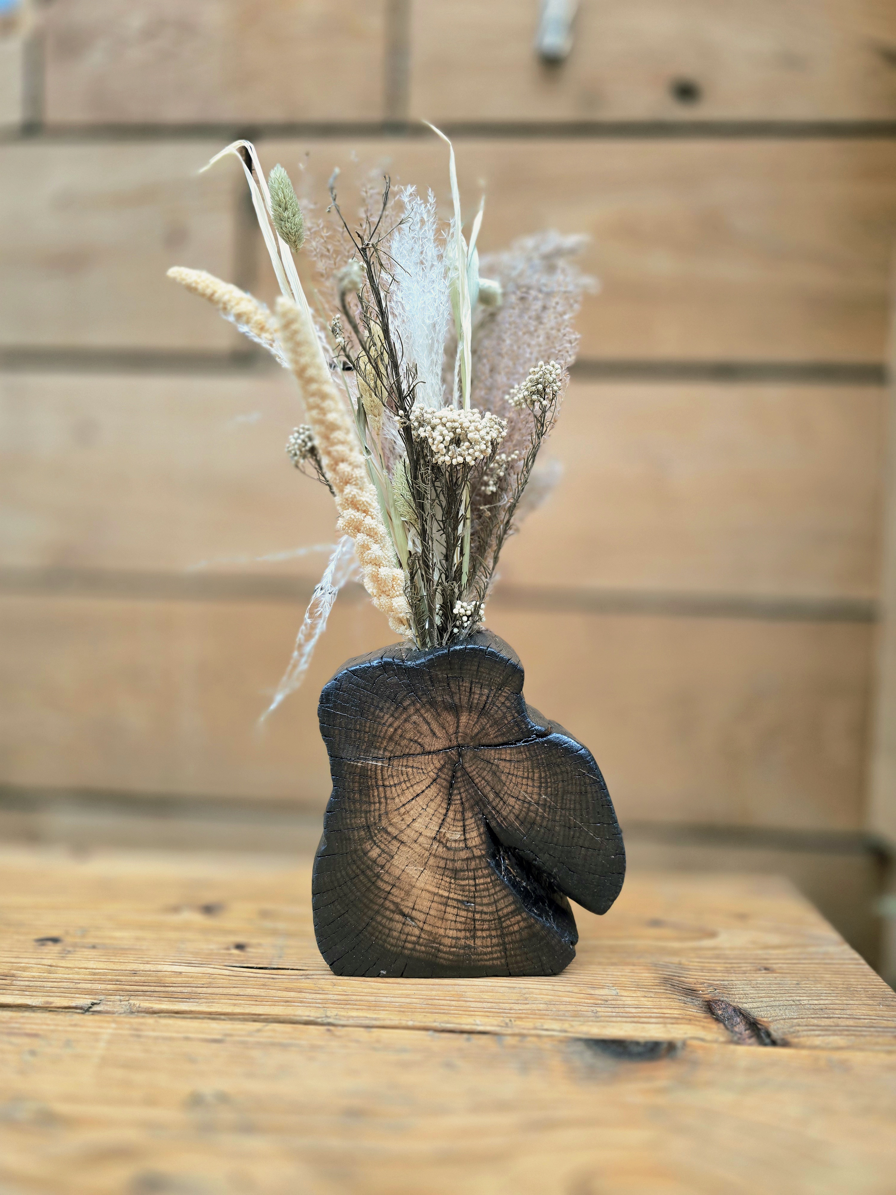 Rustic Wooden Vase with Dried Flowers
