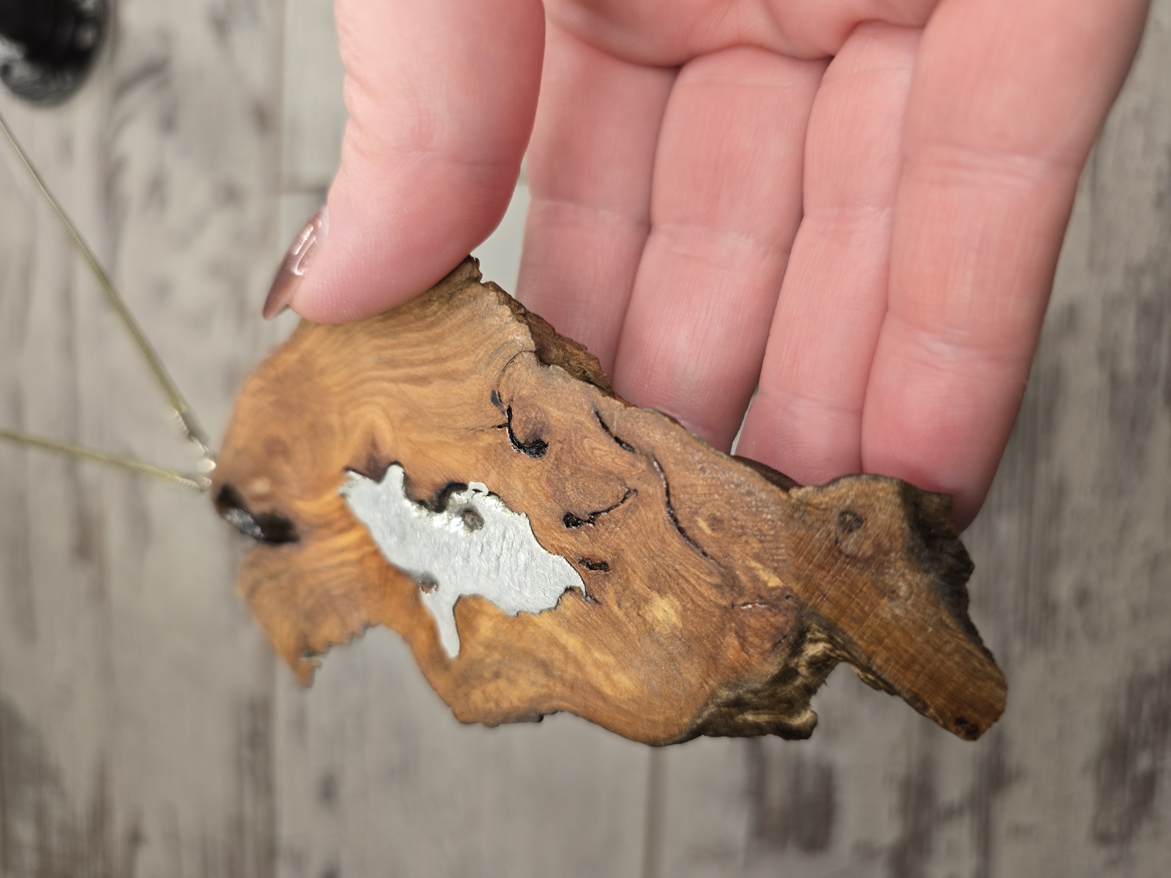 Handcrafted Wooden Pendant with Silver Inlay