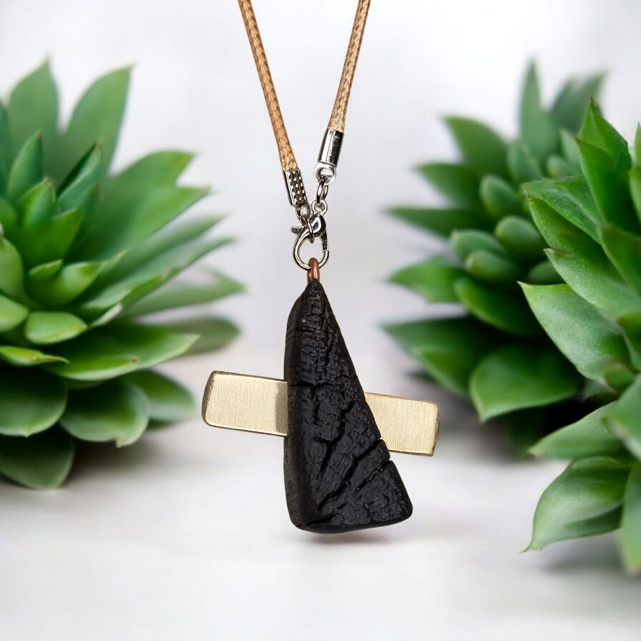 Modern Charred Wood & Brass Pendant Necklace