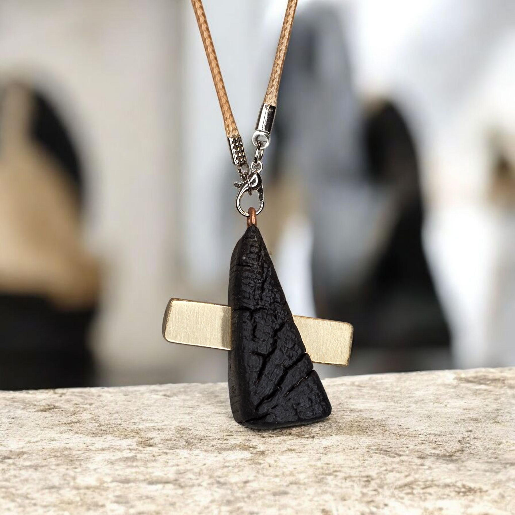 Modern Charred Wood & Brass Pendant Necklace