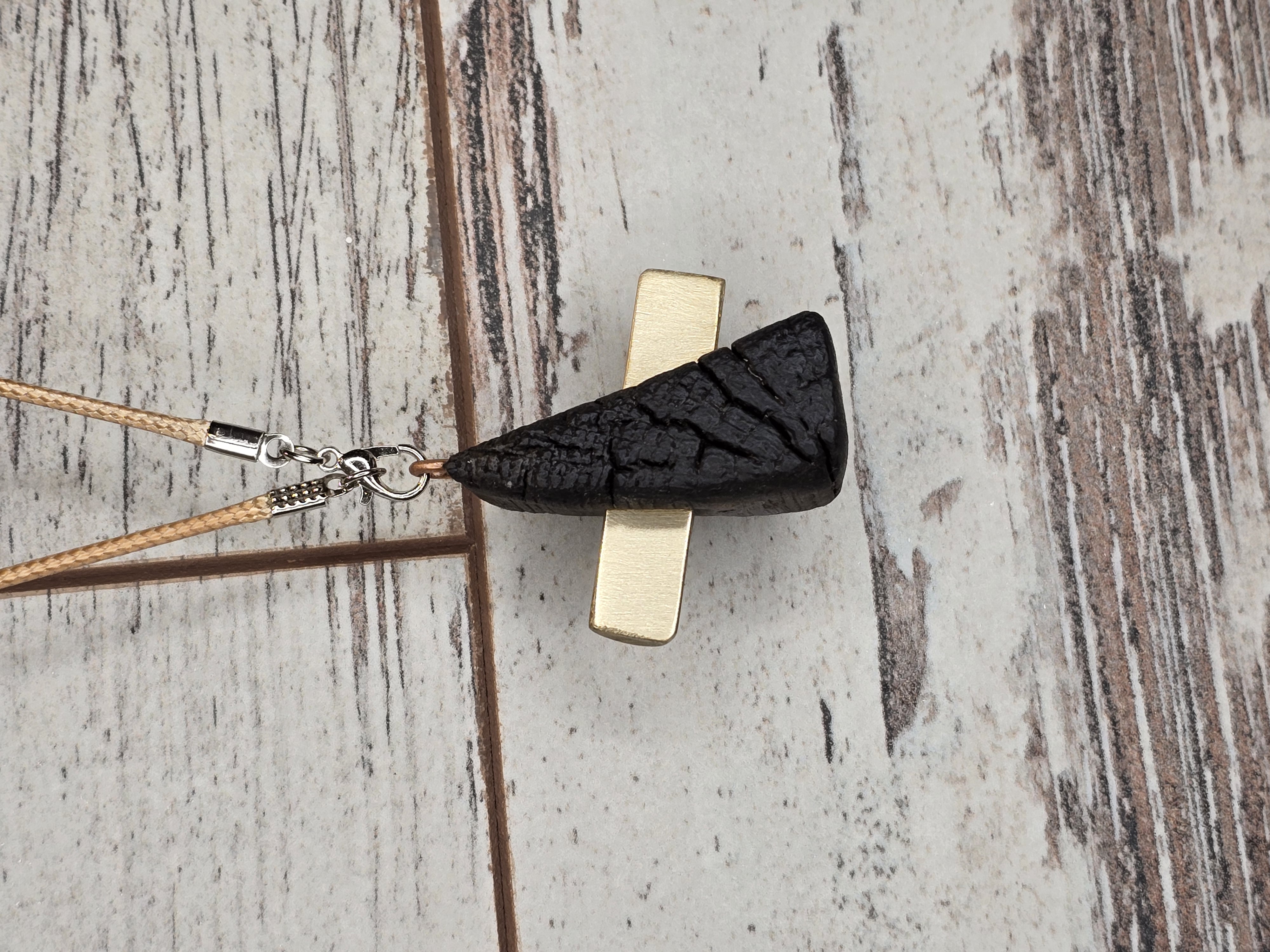 Modern Charred Wood & Brass Pendant Necklace