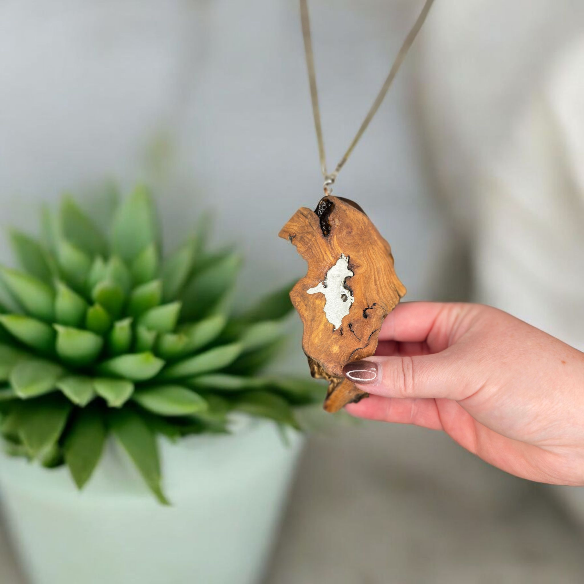 Handcrafted Wooden Pendant with Silver Inlay