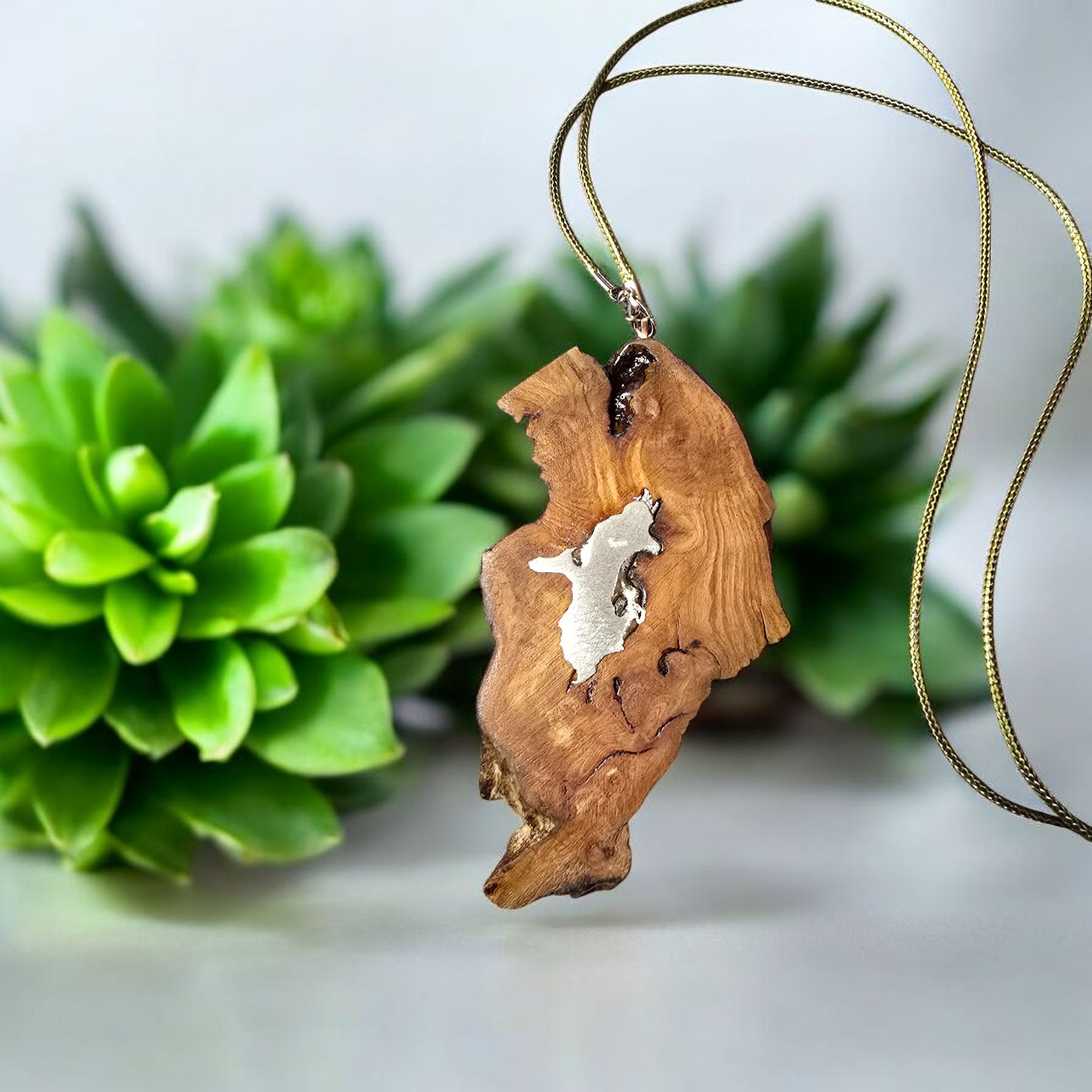 Handcrafted Wooden Pendant with Silver Inlay