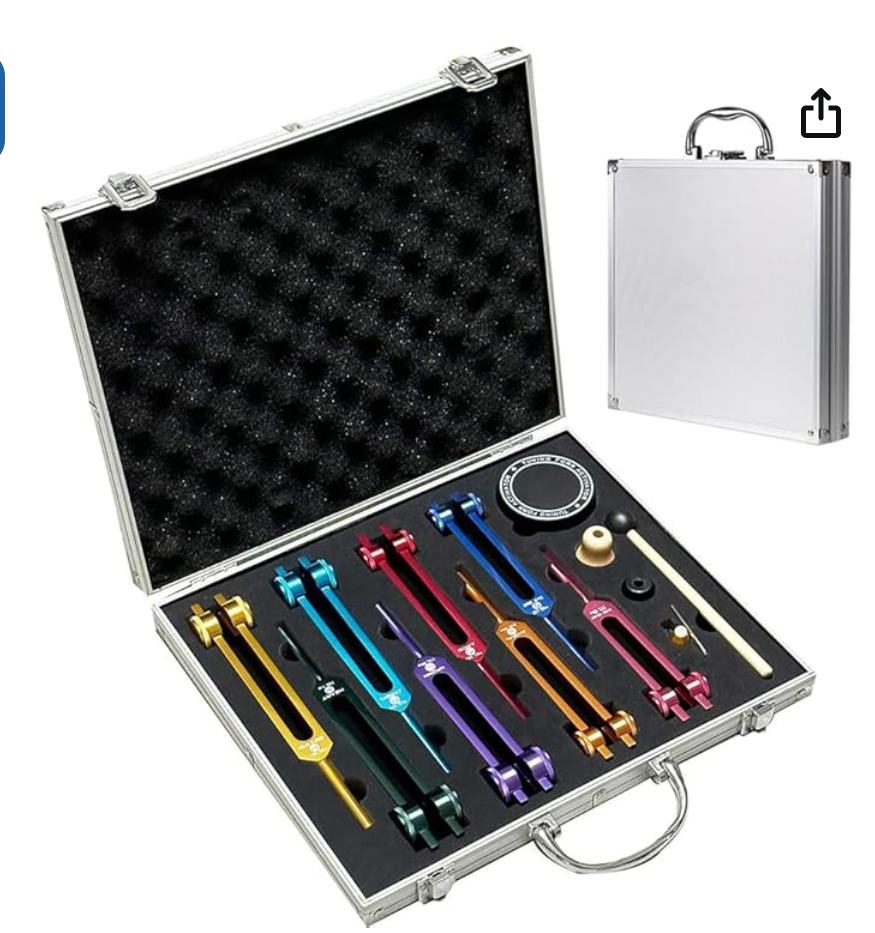 Diapasones Terapeuticos Chakras,Set de 8 con base + 1 martillos de silicona y paño de limpieza.